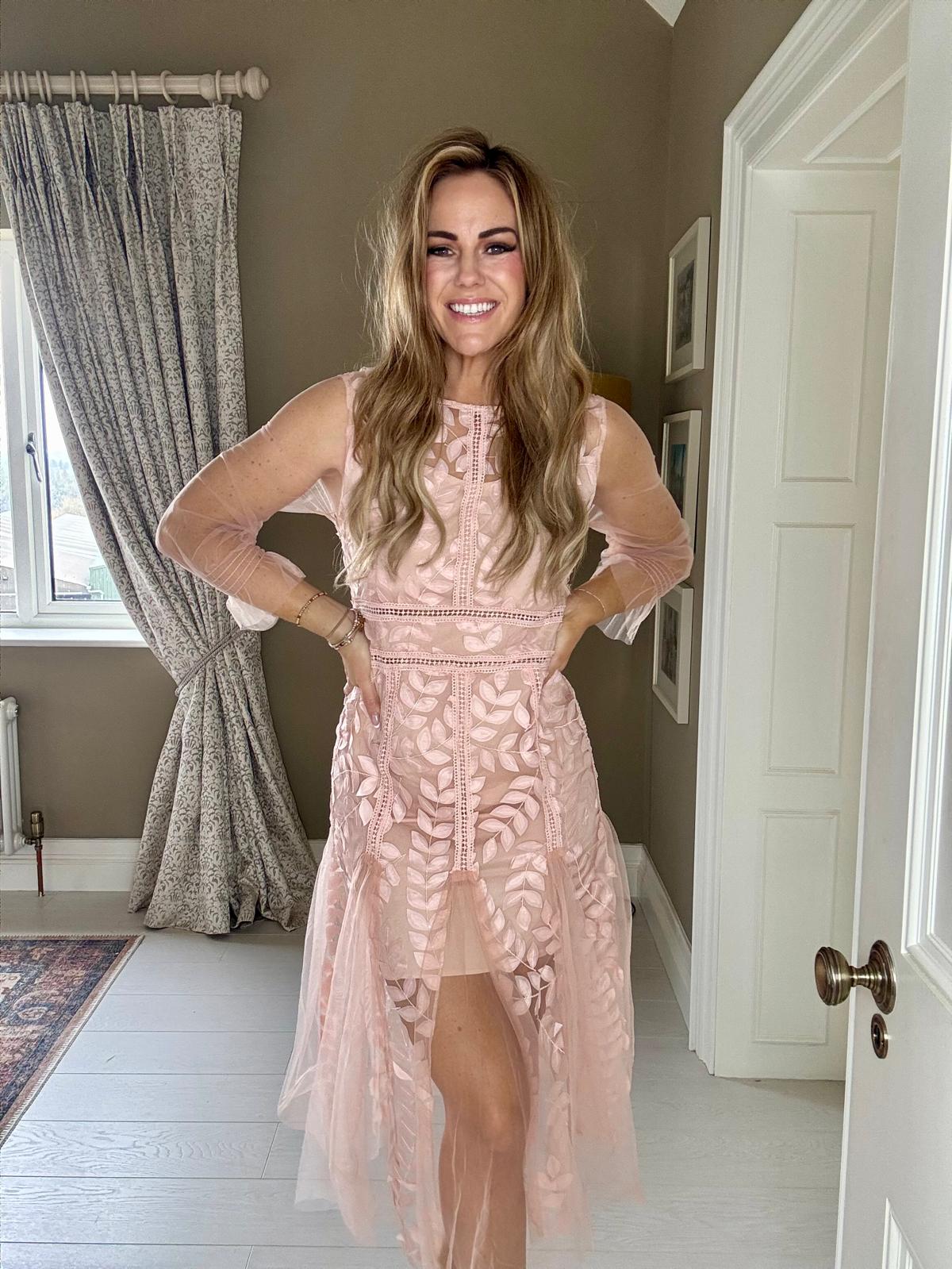 Charlotte floral embroidery nude pink tulle dress