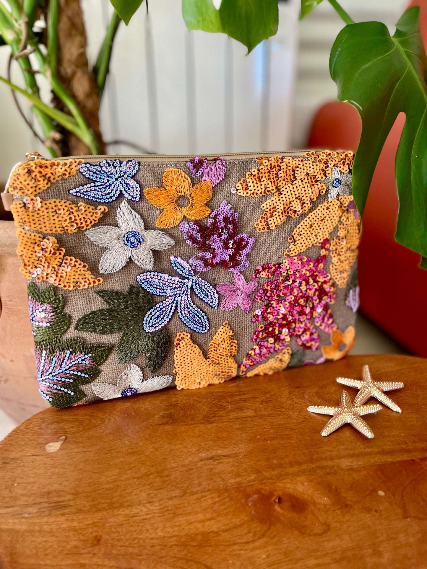 Blazing sun sequin floral clutch bag pouch