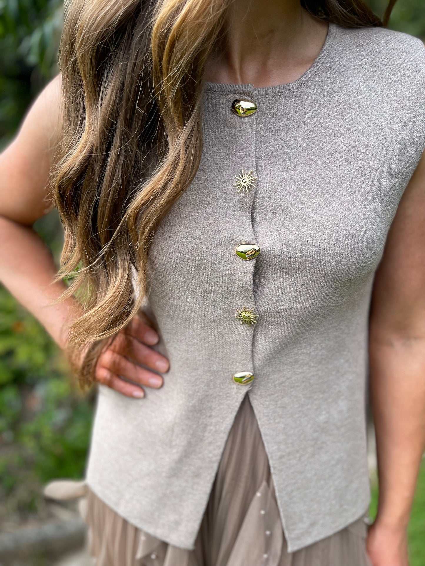 Ada taupe waistcoat sun gold buttons