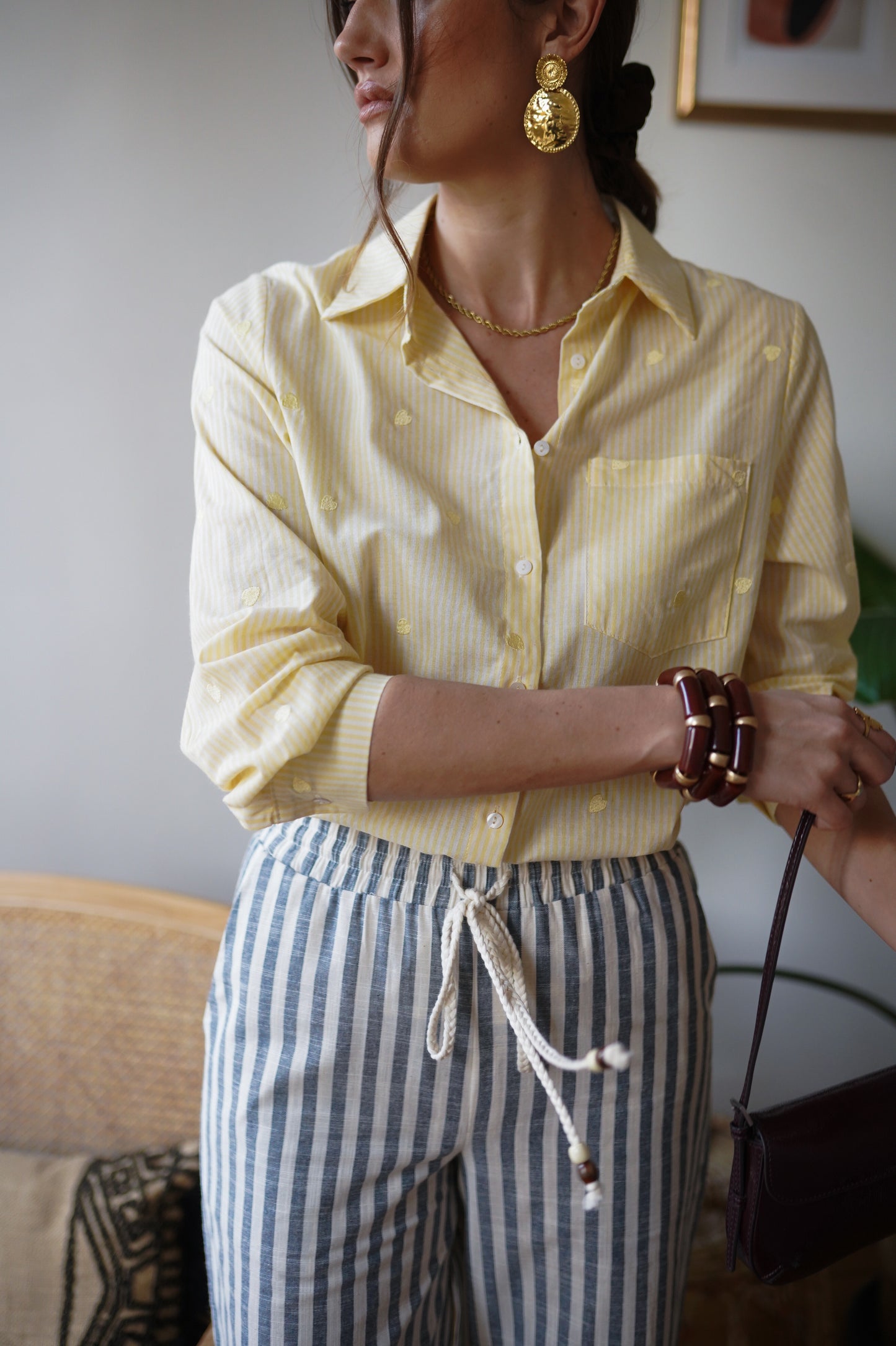 Hannah yellow striped heart print shirt