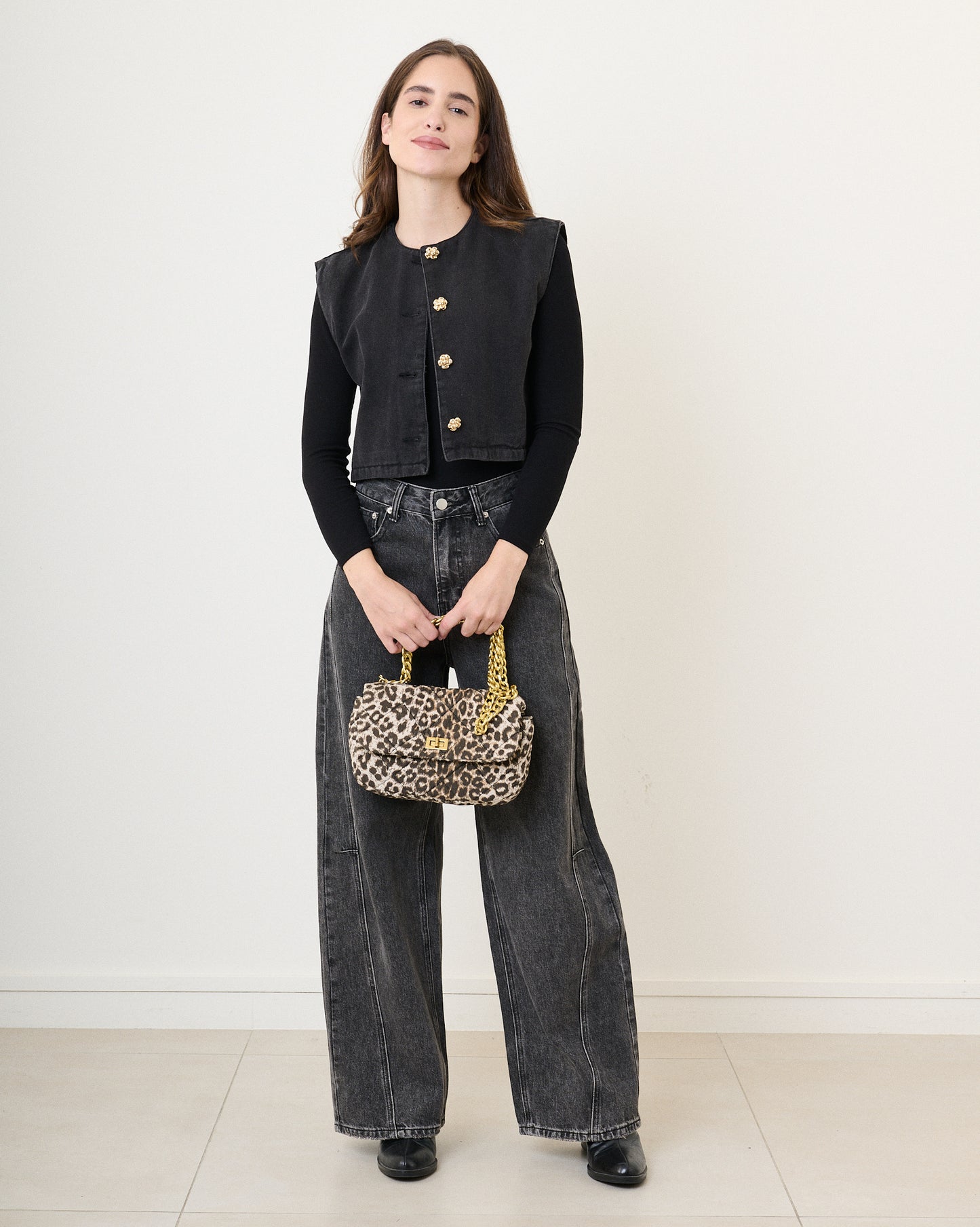 Emma black denim waistcoat gold flower buttons