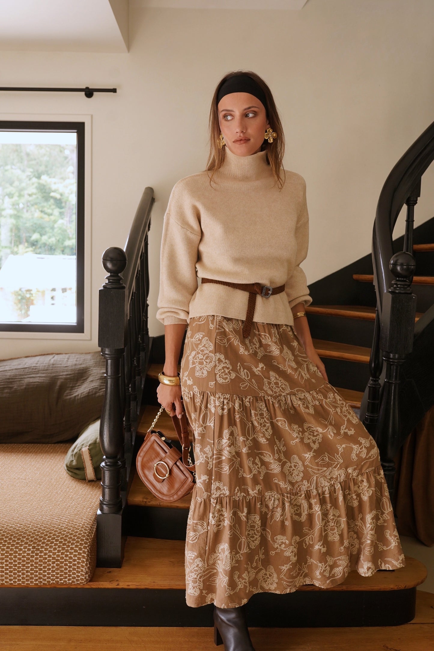 Hilda balloon sleeve coffee polo neck jumper