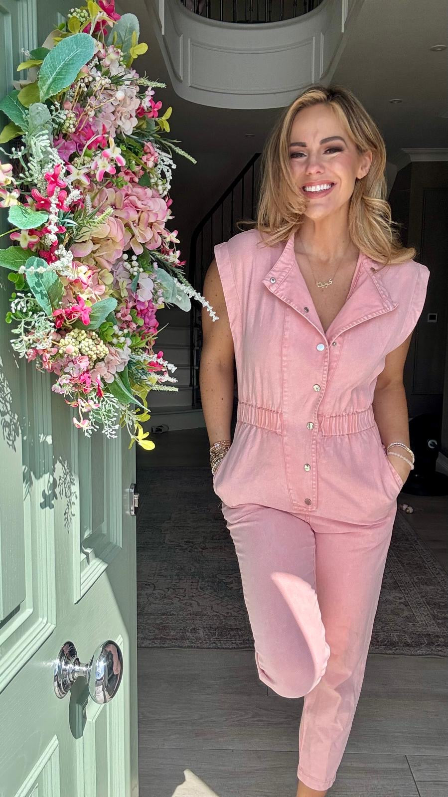Evie short sleeve washed pink jumpsuit