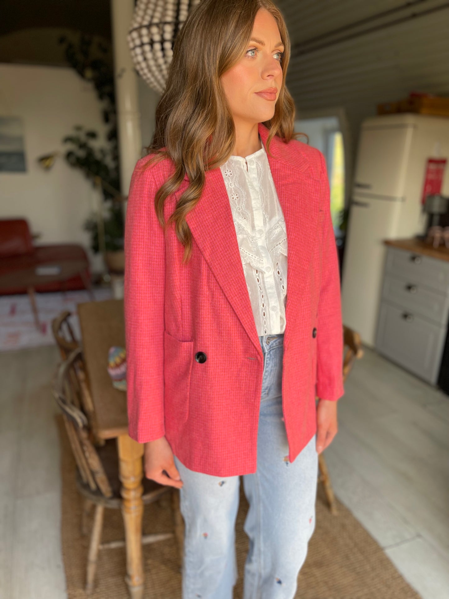 Houndstooth wool pink and orange blazer