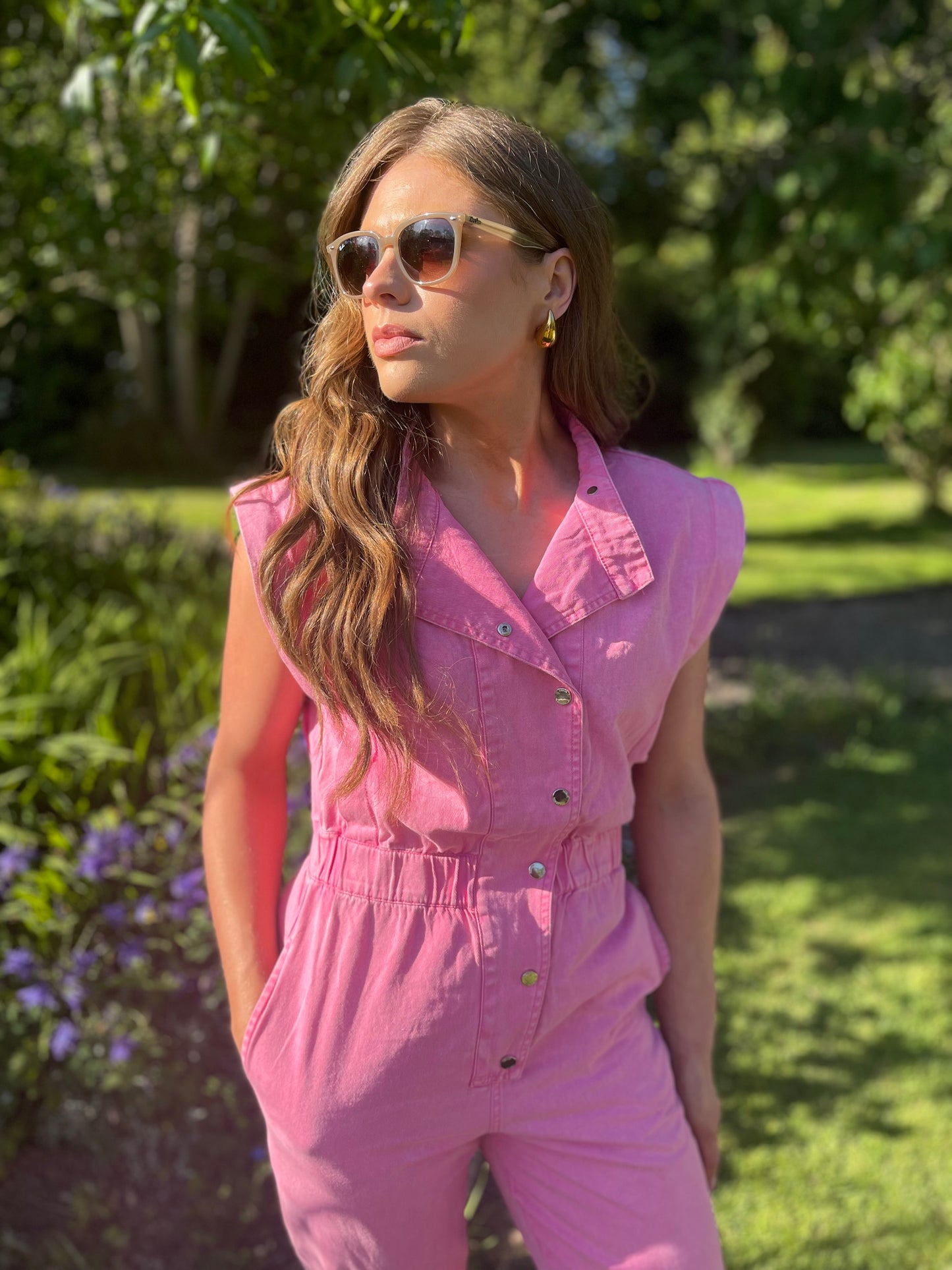 Evie short sleeve candy pink denim jumpsuit