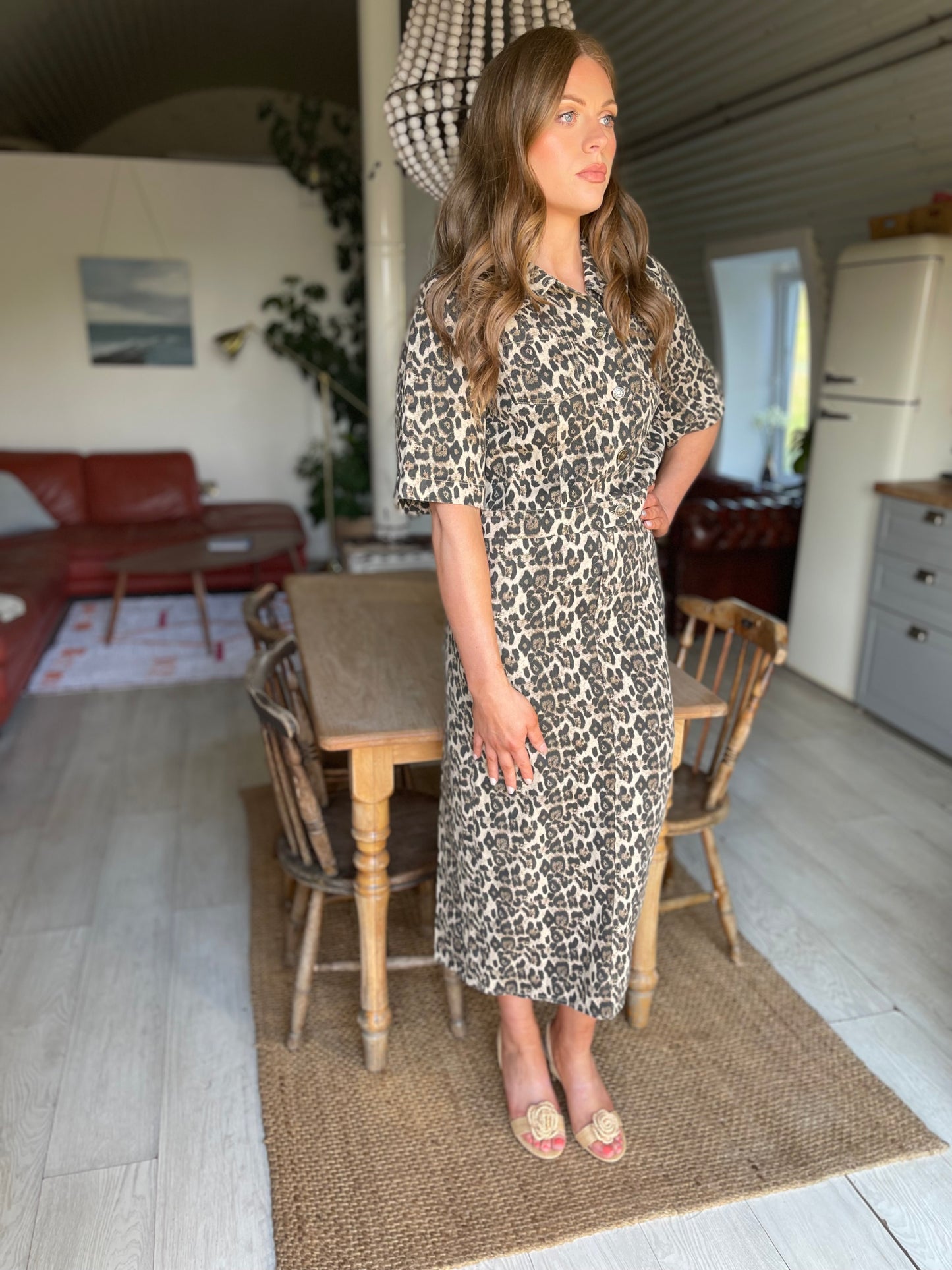 Leopard denim midi skirt