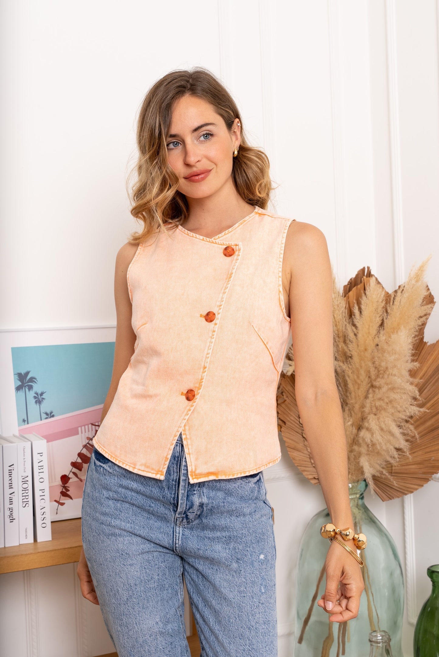 Cara orange denim waistcoat