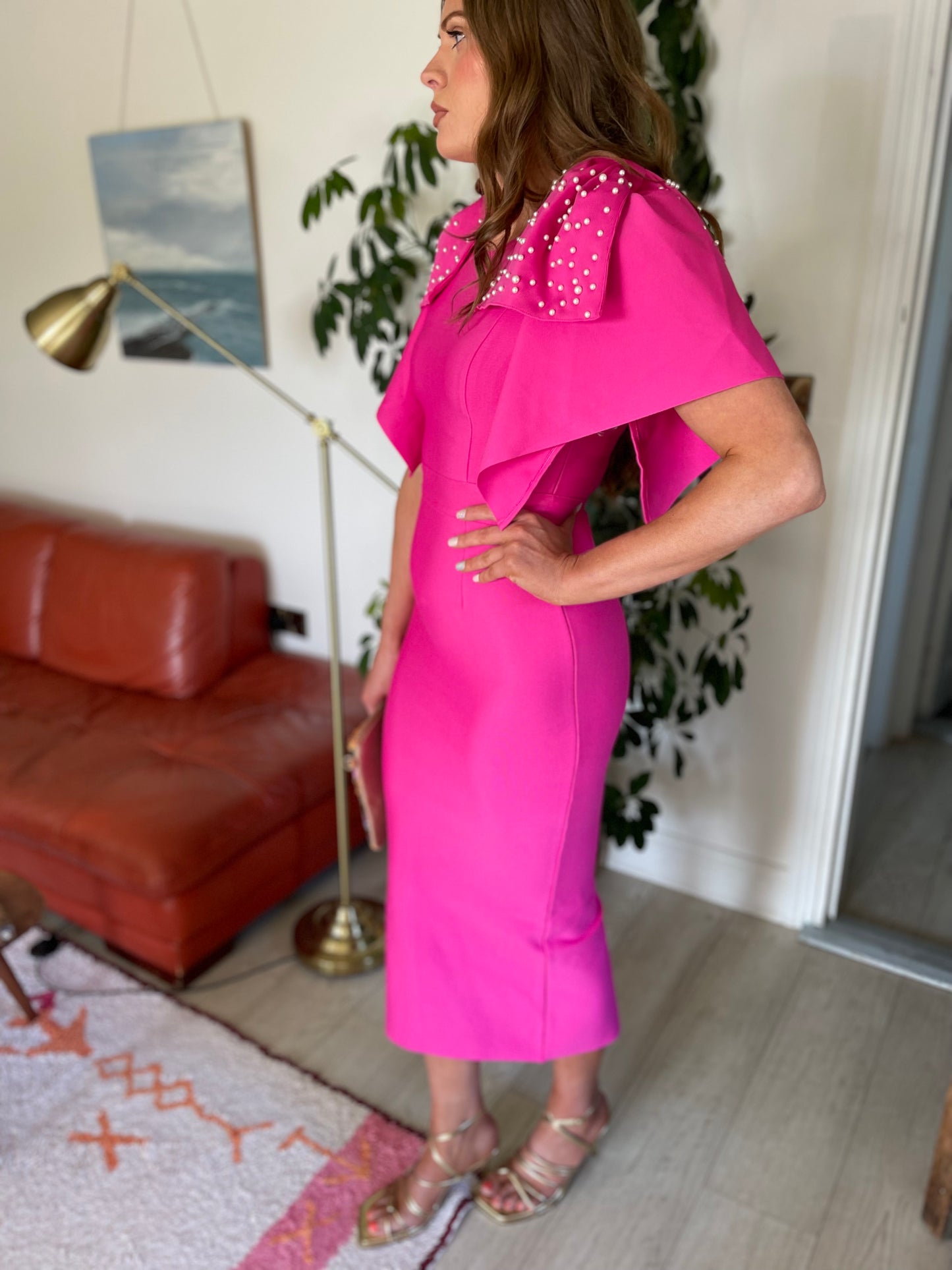 Allina fuschia pink dress with pearl sleeves
