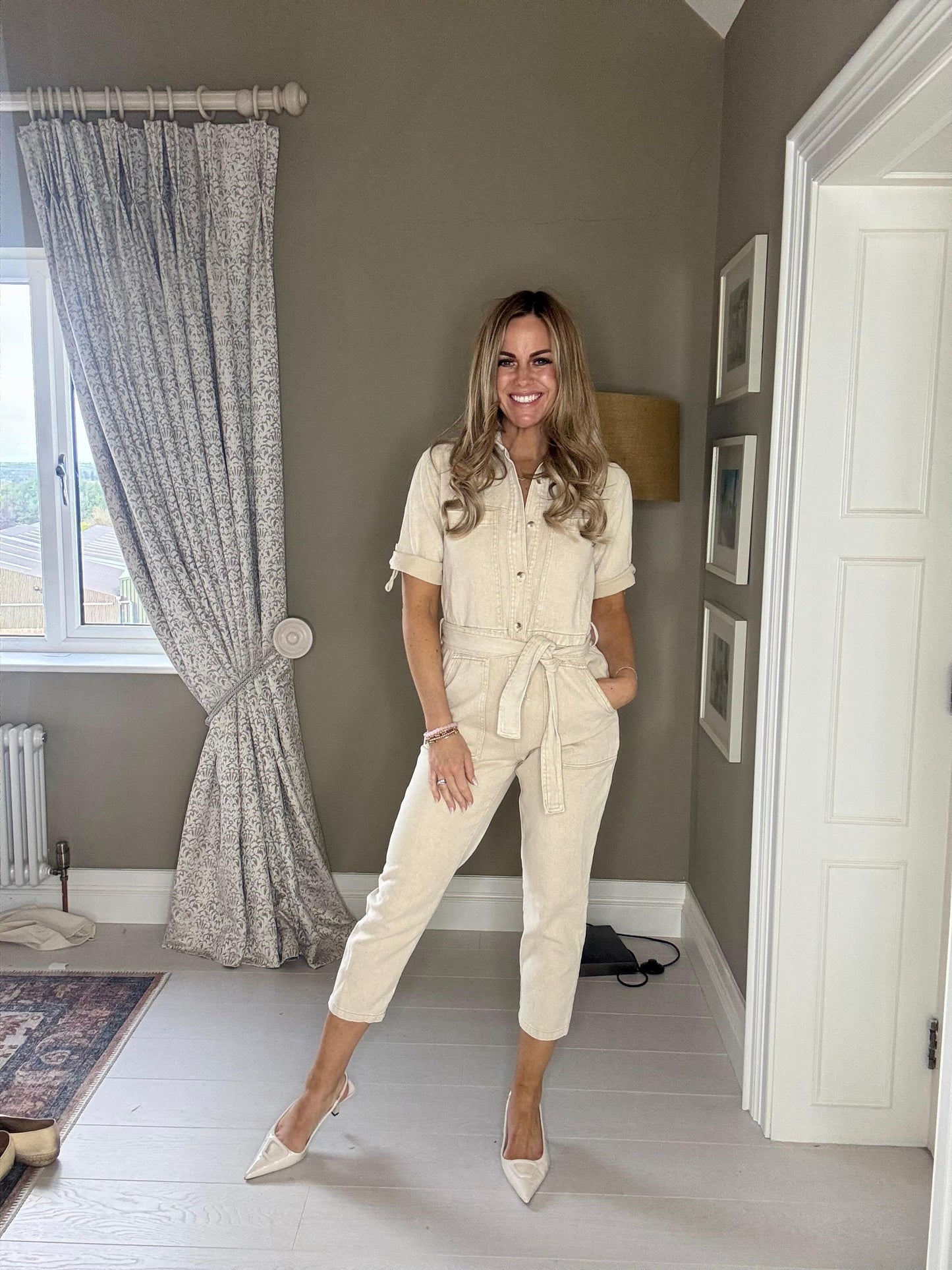 Charlie beige wash denim jumpsuit