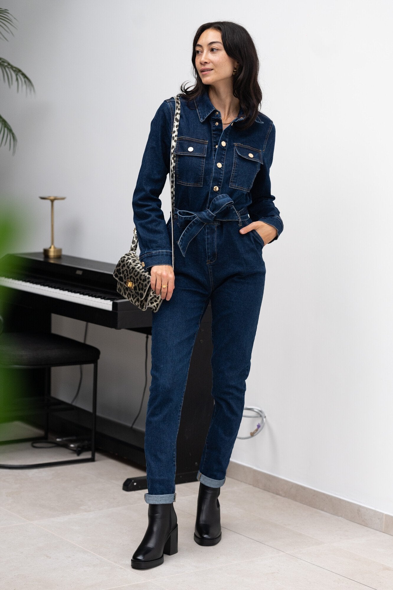 Sydney navy denim gold button jumpsuit