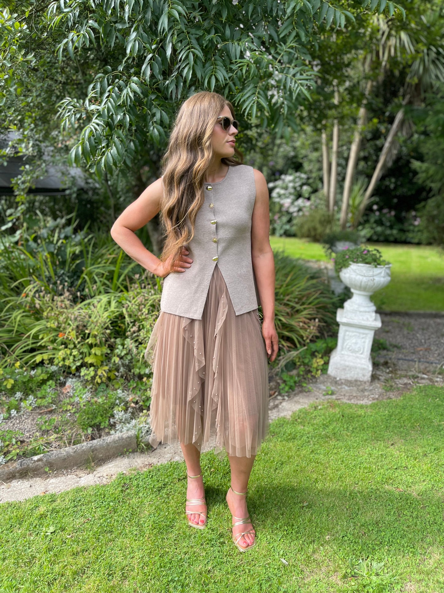 Ada taupe waistcoat sun gold buttons
