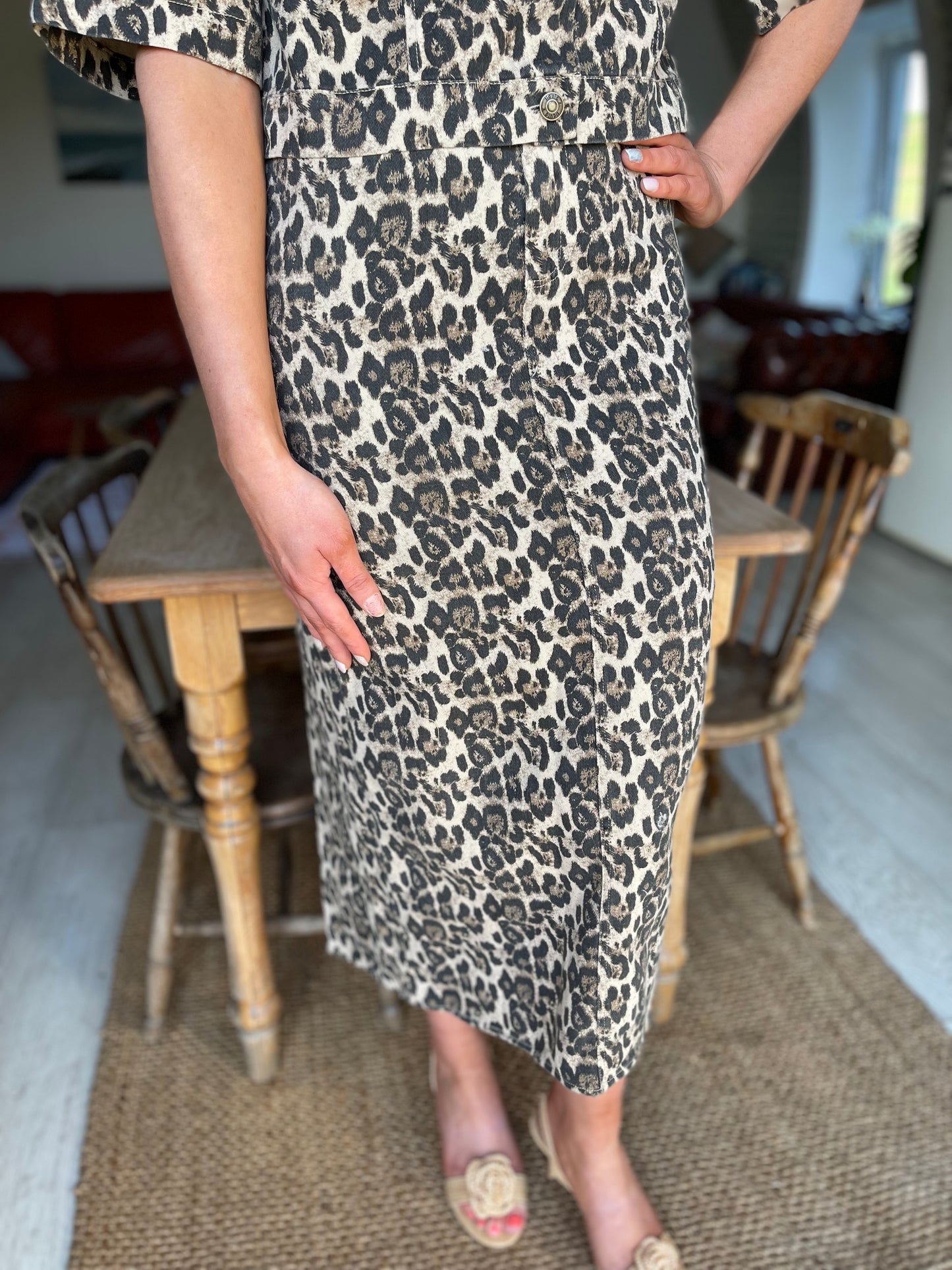 Leopard denim midi skirt