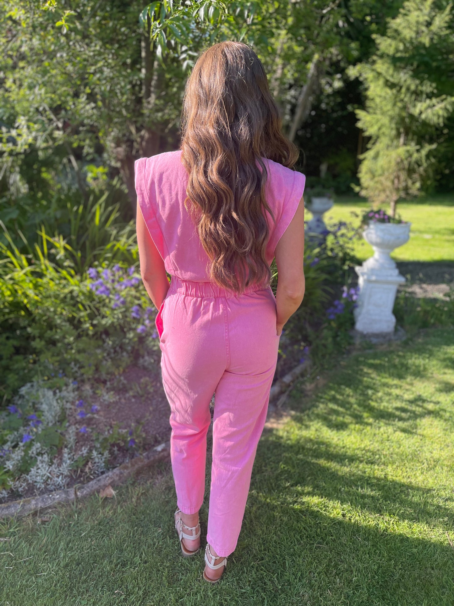 Evie short sleeve candy pink denim jumpsuit
