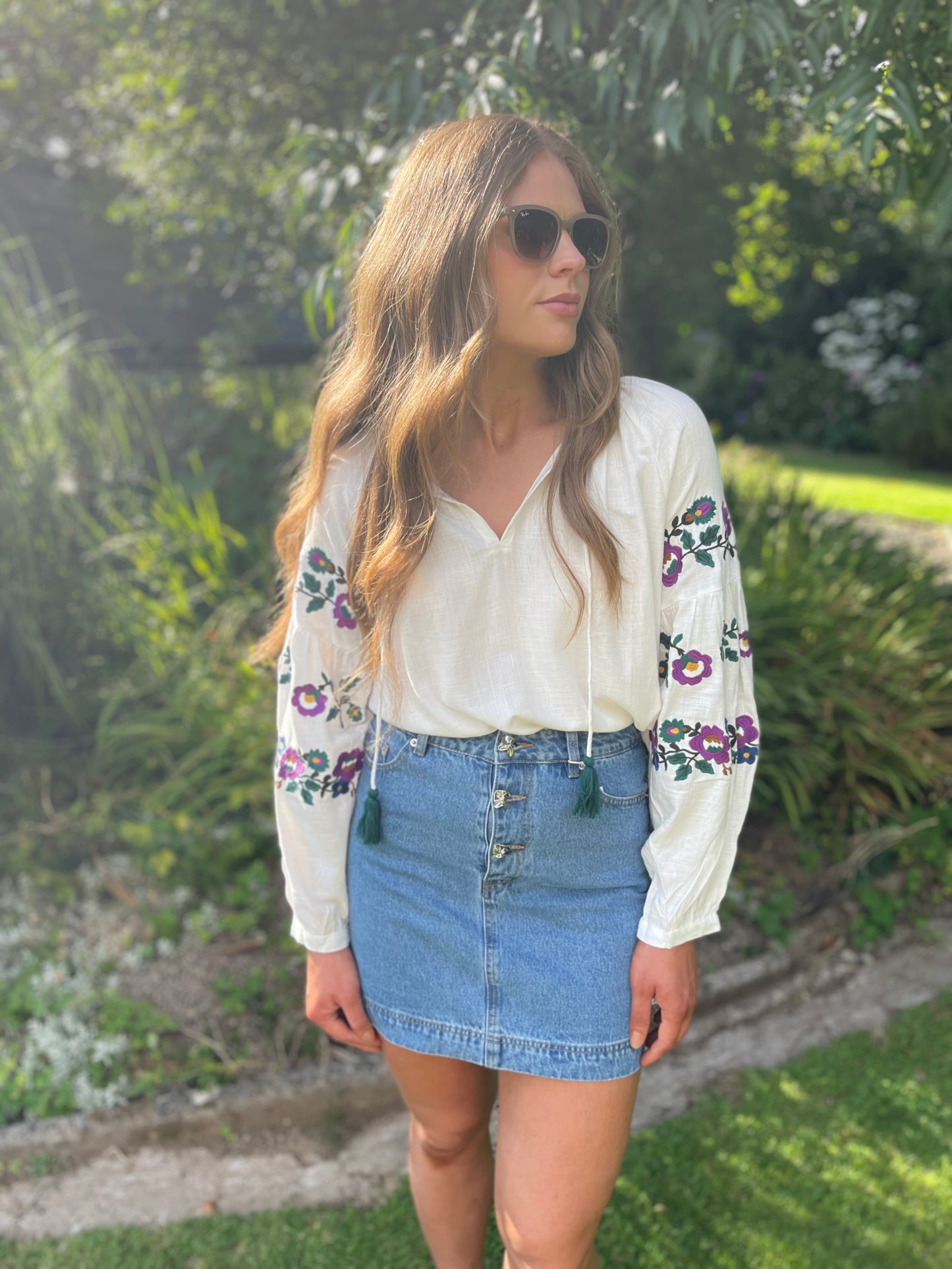 Purple flowers embroidered boho blouse