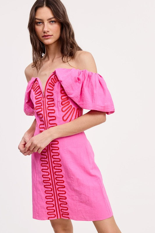 Red and pink off the shoulder mini dress