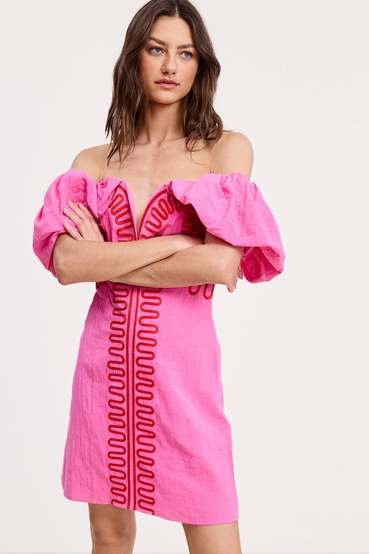 Red and pink off the shoulder mini dress