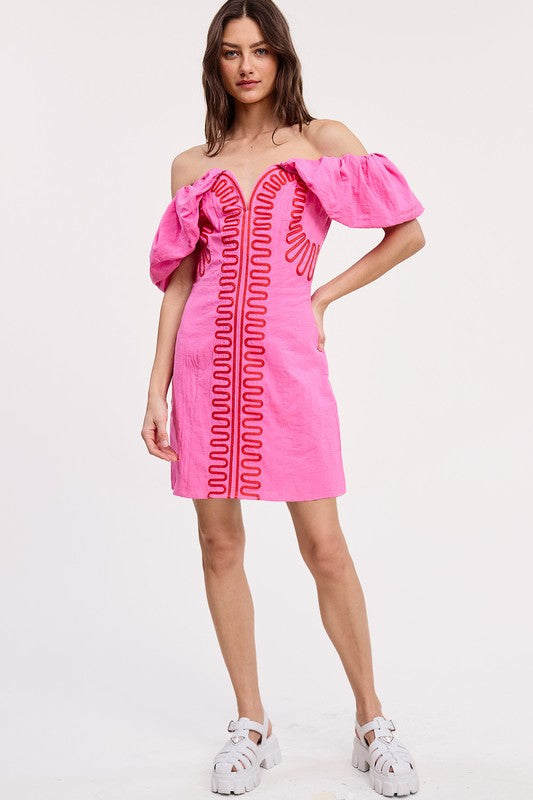 Red and pink off the shoulder mini dress