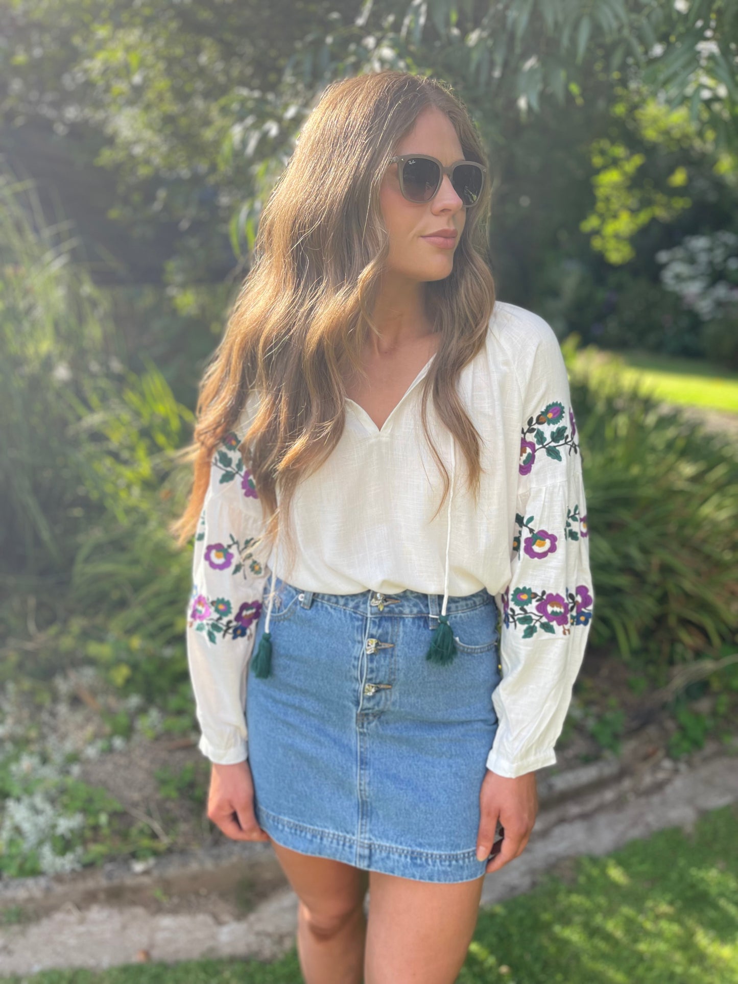 Purple flowers embroidered boho blouse