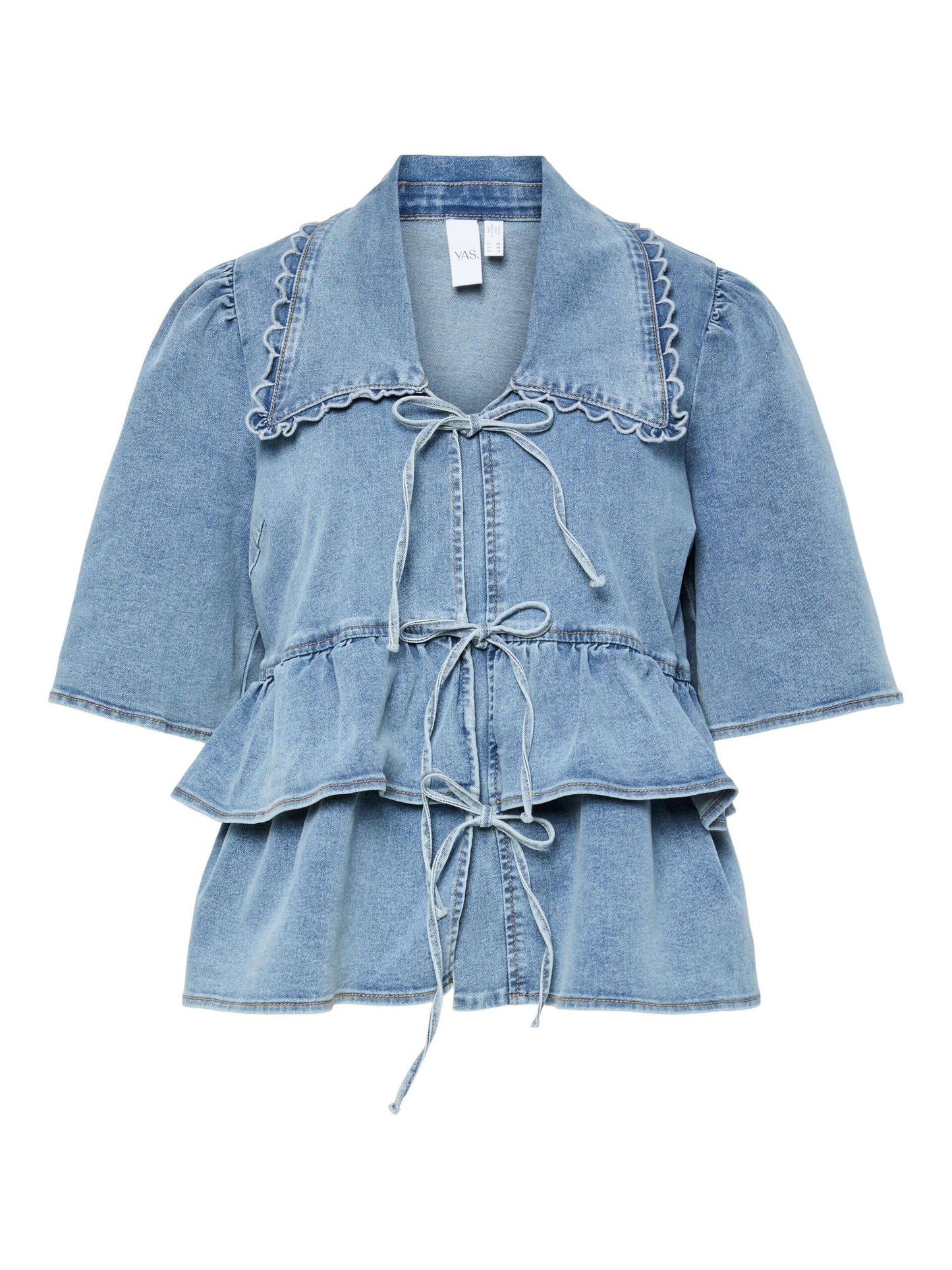 YASSCALA DENIM FRILL TIE TOP