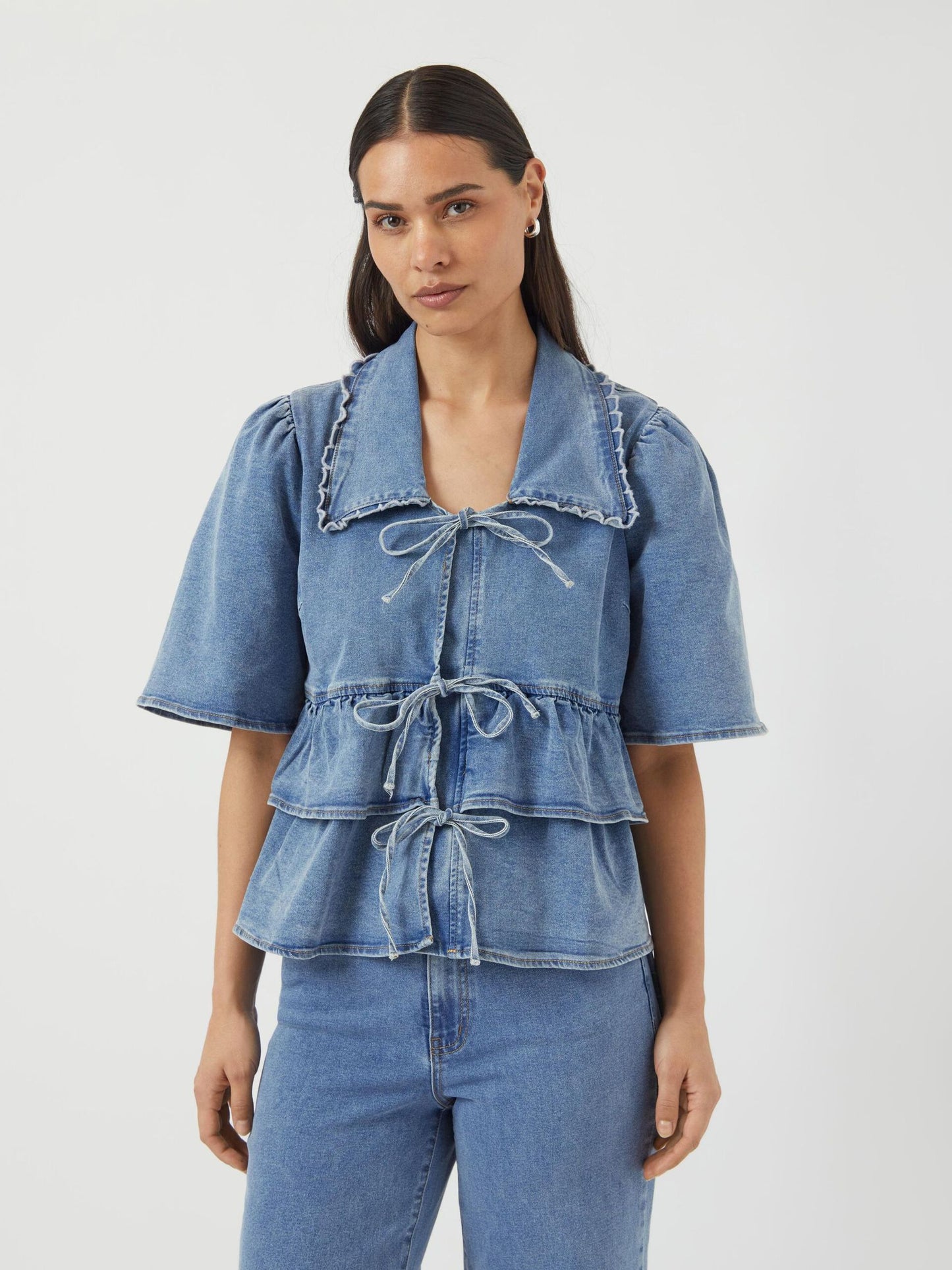 YASSCALA DENIM FRILL TIE TOP