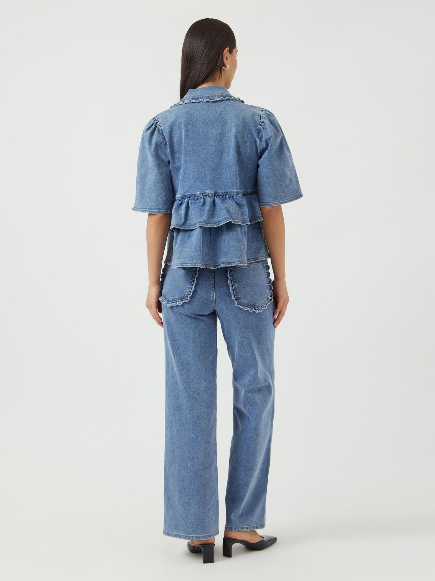 YASSCALA DENIM FRILL TIE TOP