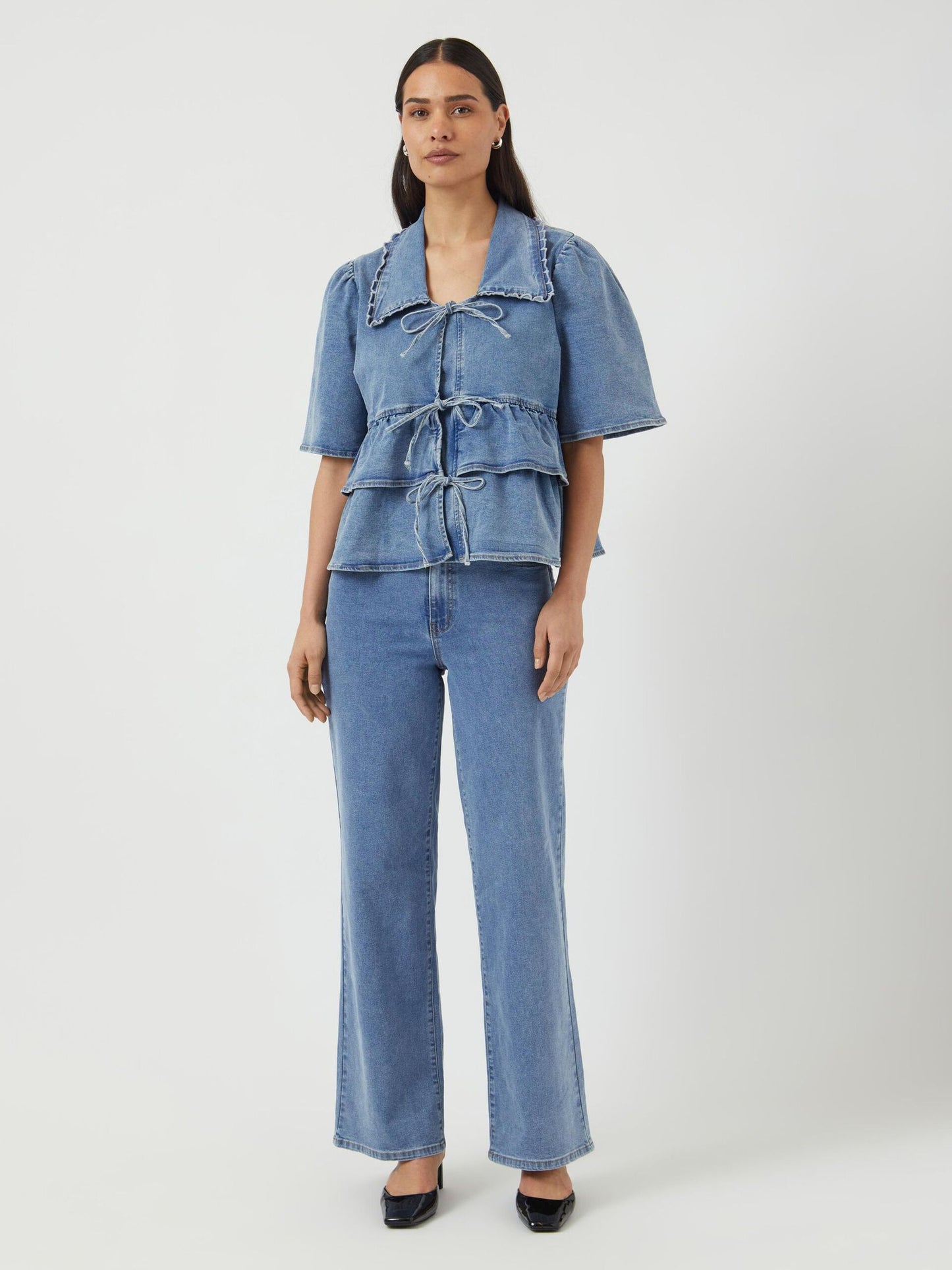 YASSCALA DENIM FRILL TIE TOP