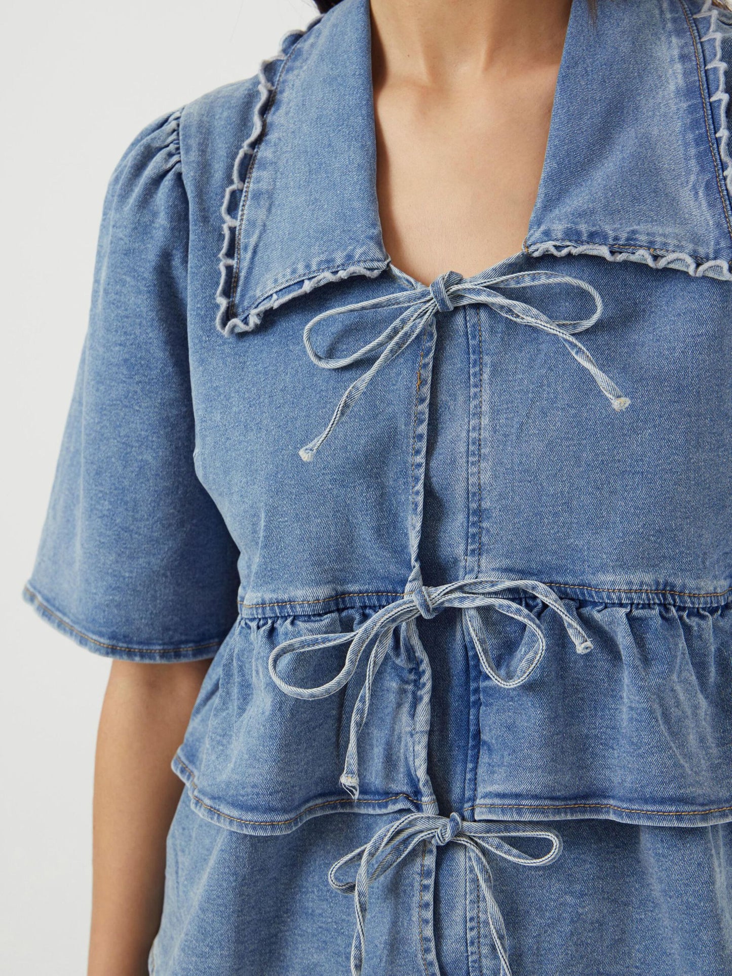 YASSCALA DENIM FRILL TIE TOP