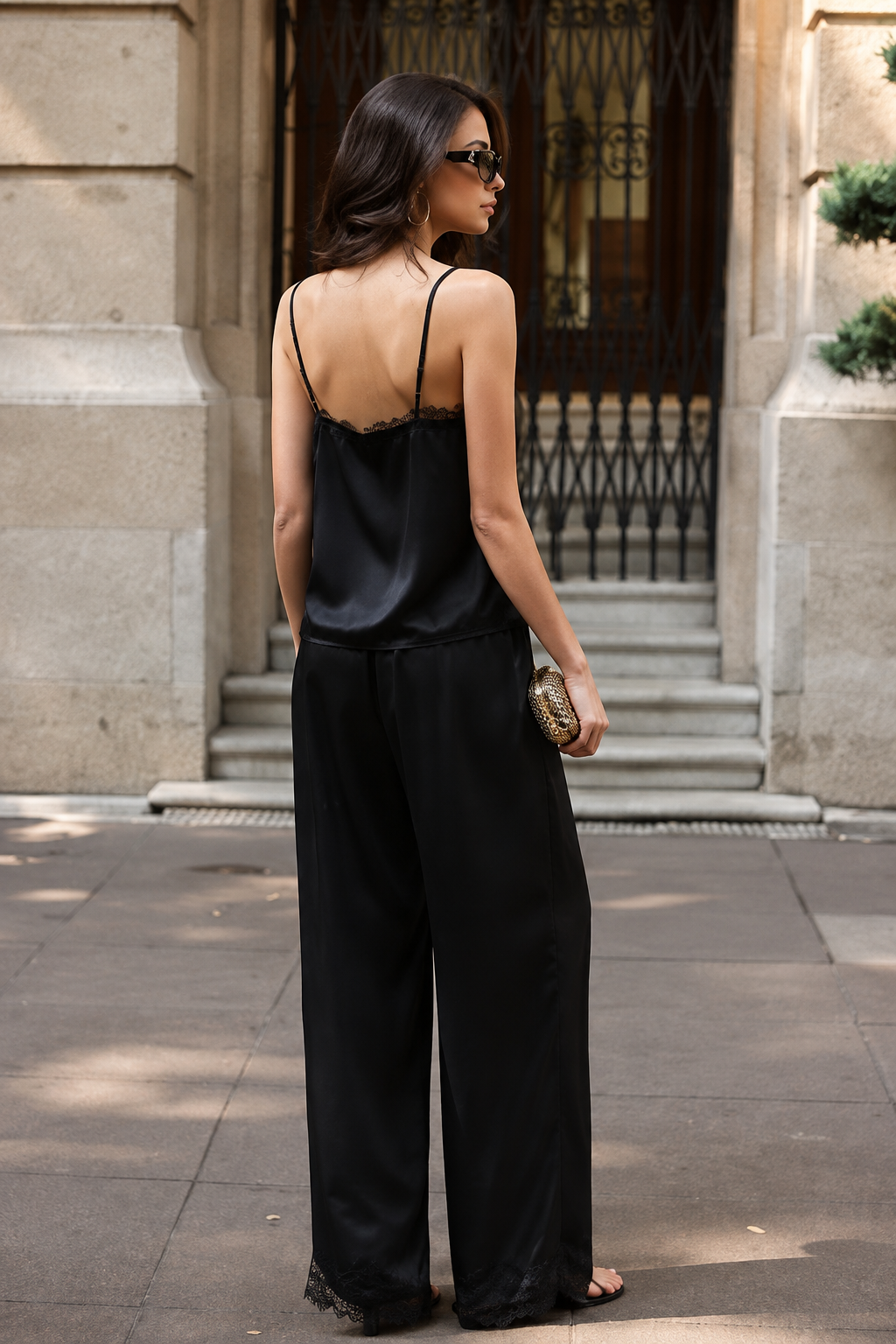 Kate black satin lace trousers