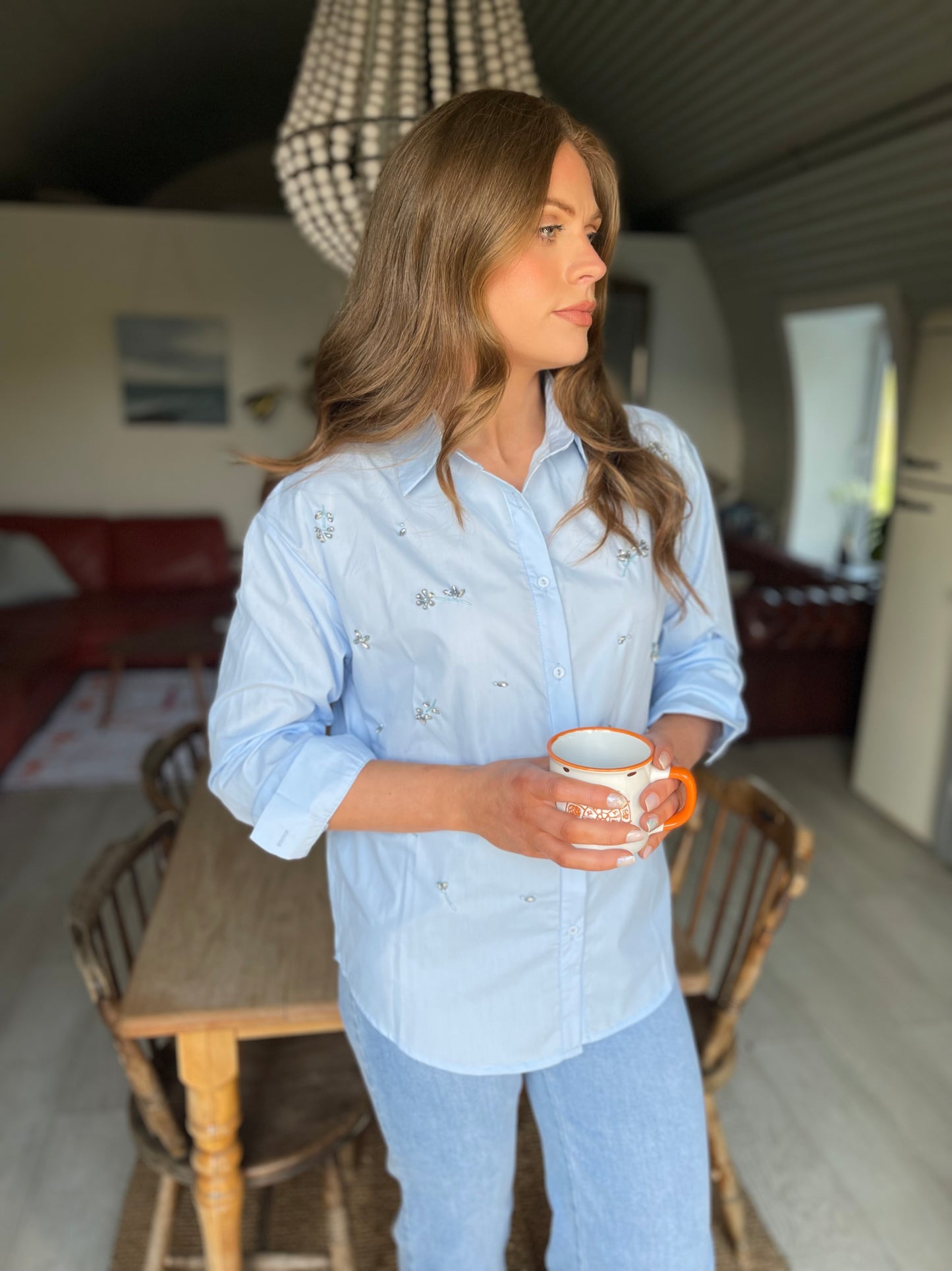 Pippa blue cotton embellished shirt