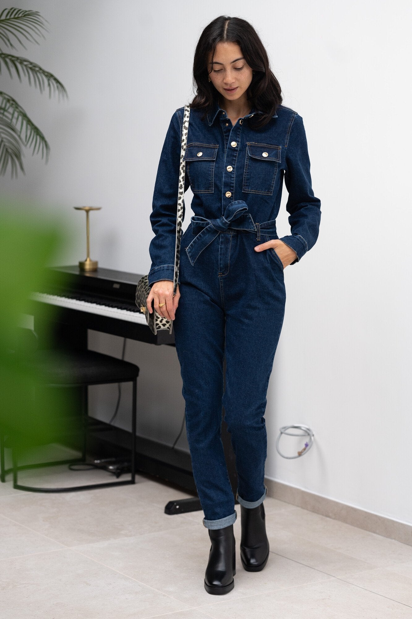 Sydney navy denim gold button jumpsuit