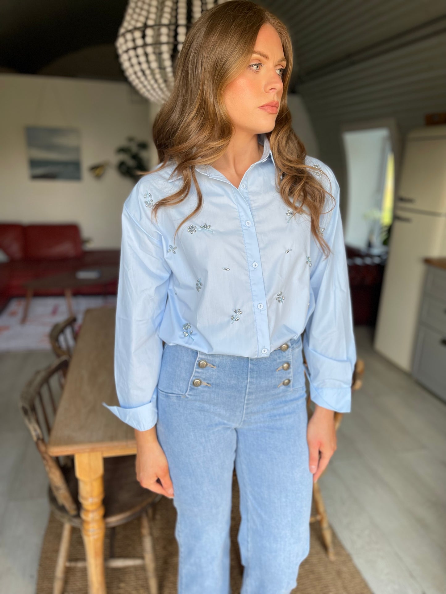 Pippa blue cotton embellished shirt