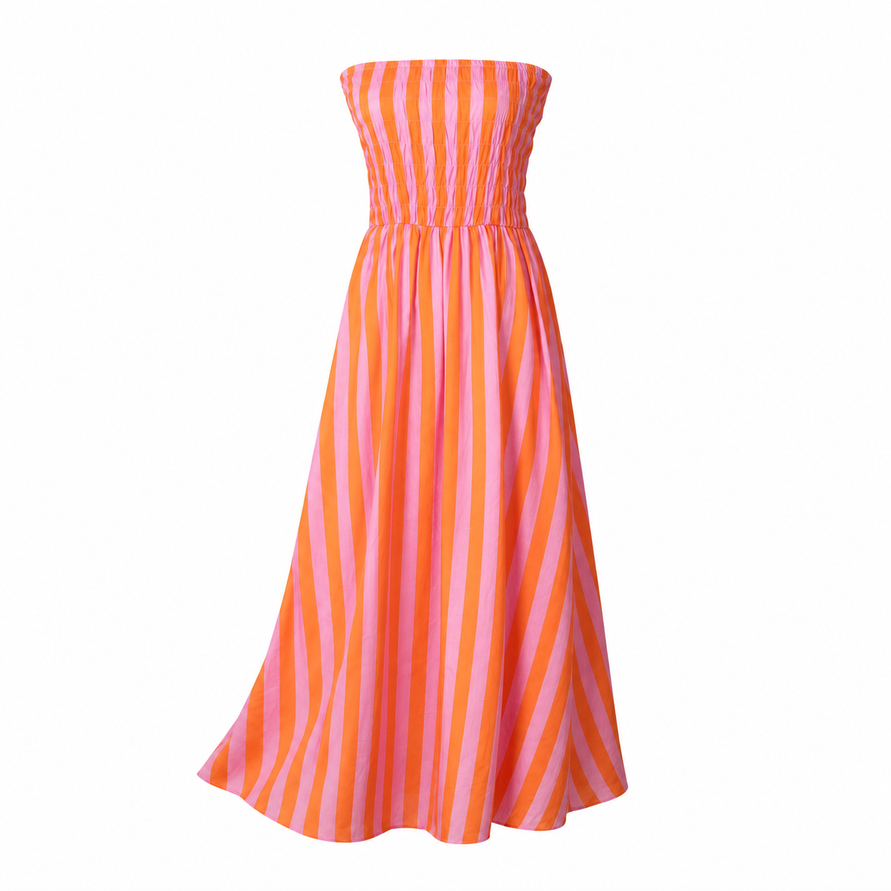 Pink and orange strapless stripe dress
