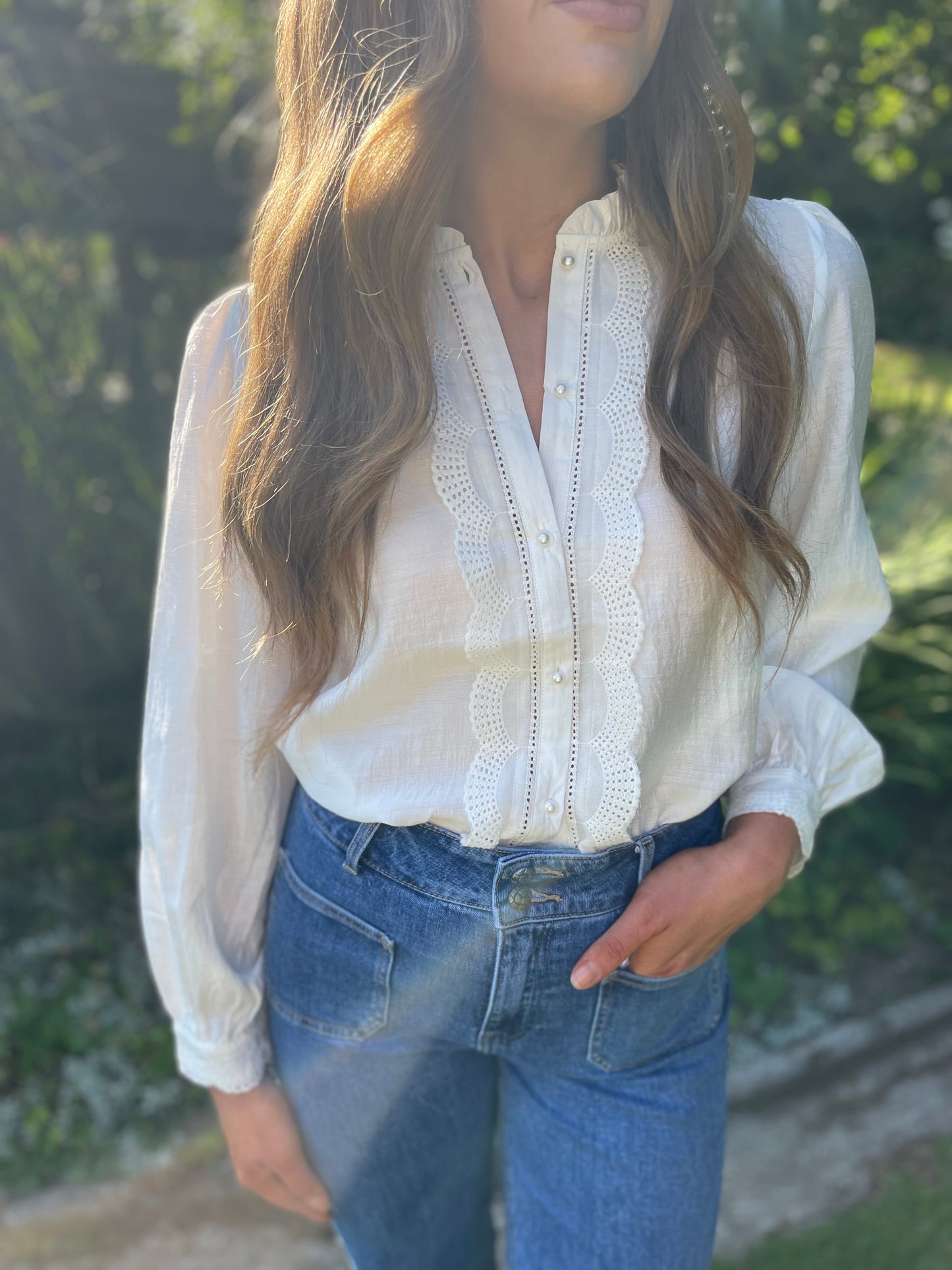 Pearl button scalloped blouse