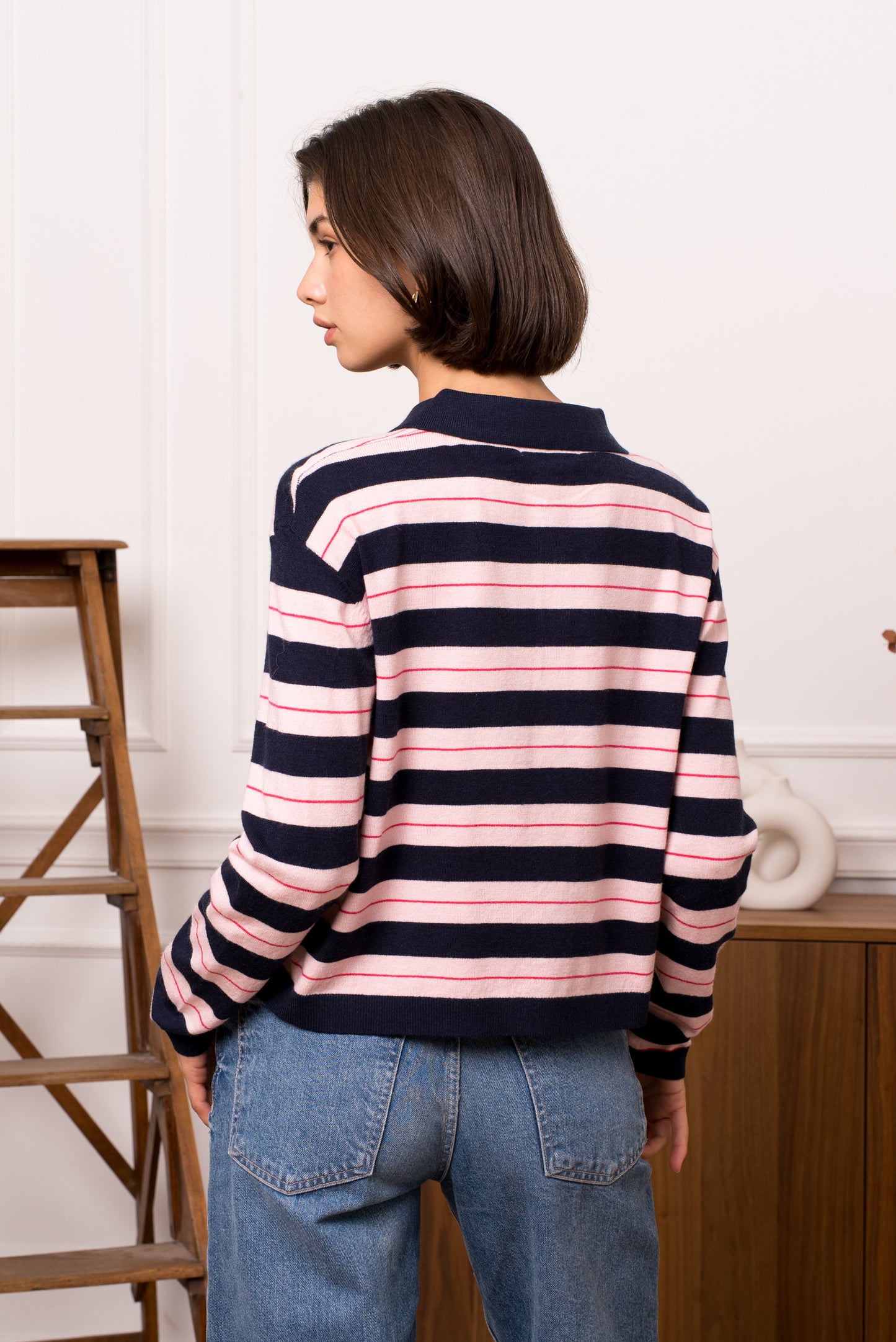 Beth navy & pink striped knit polo top