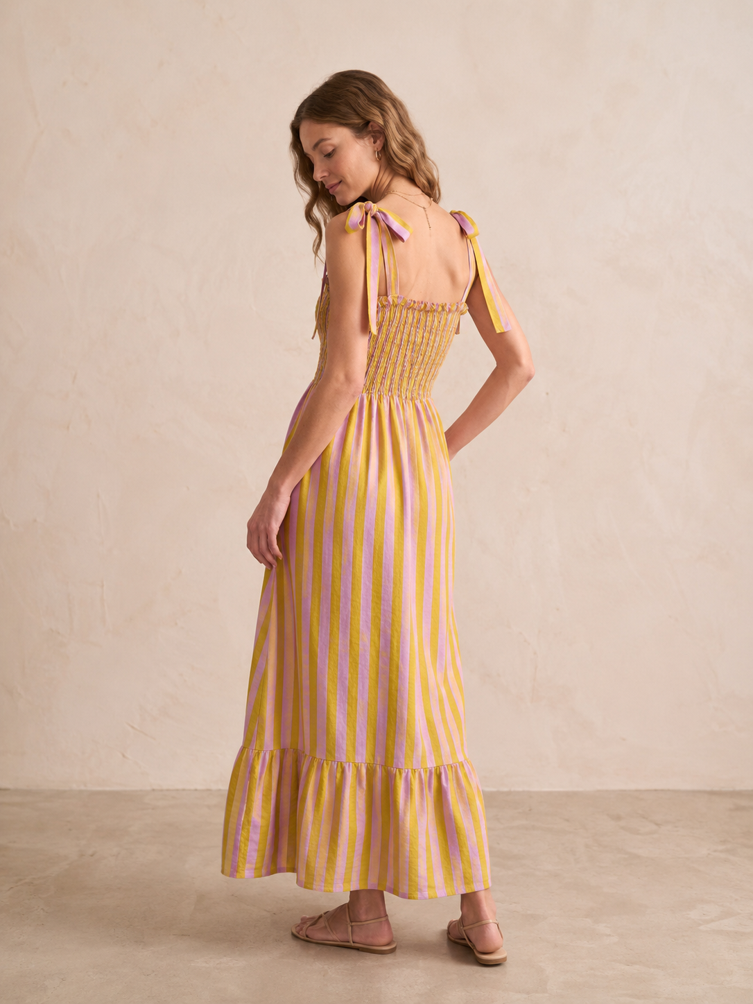 Molly yellow & pink stripe bow strap dress