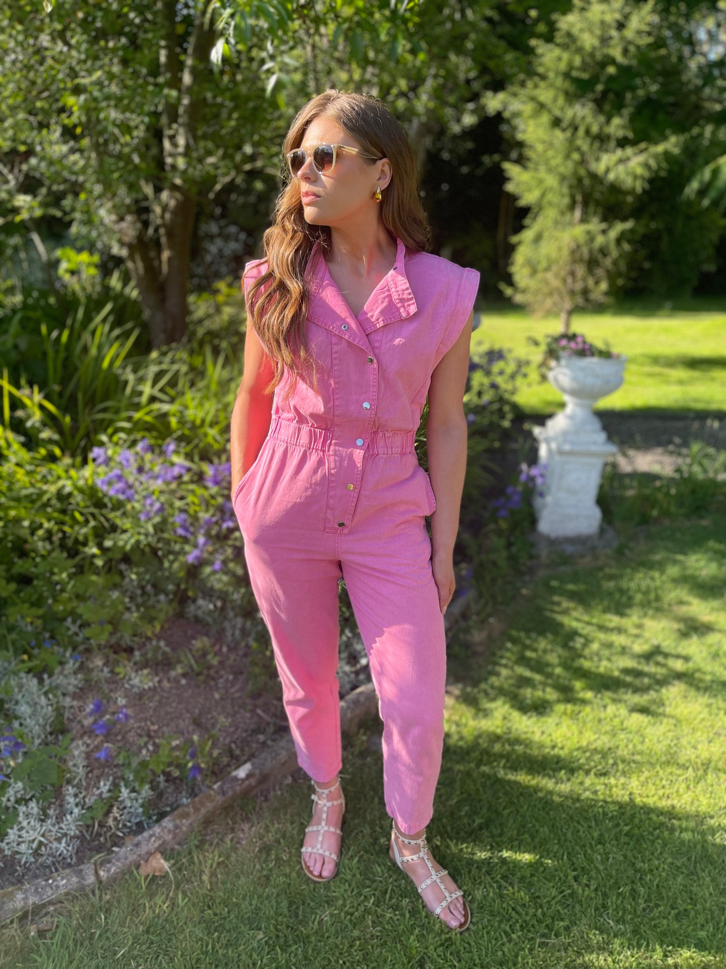 Evie short sleeve candy pink denim jumpsuit