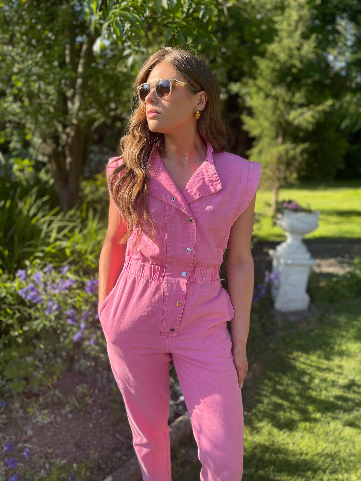 Evie short sleeve candy pink denim jumpsuit