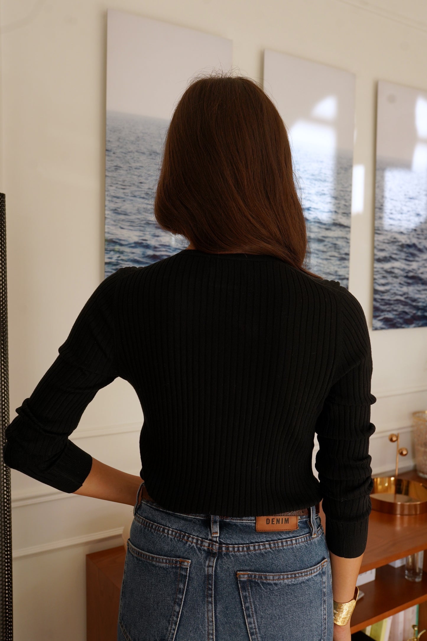 Maria black ribbed v neck knit top