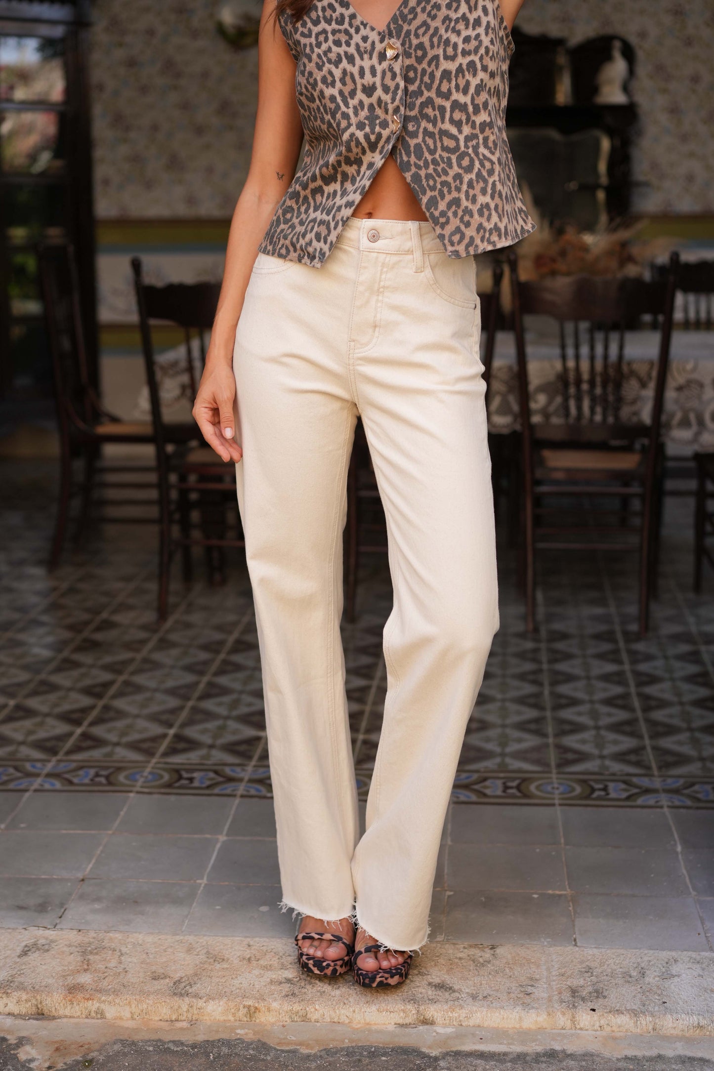 Natural beige straight leg jeans