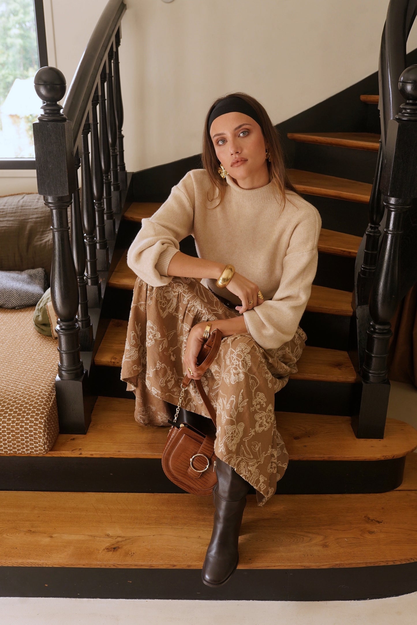 Hilda balloon sleeve coffee polo neck jumper