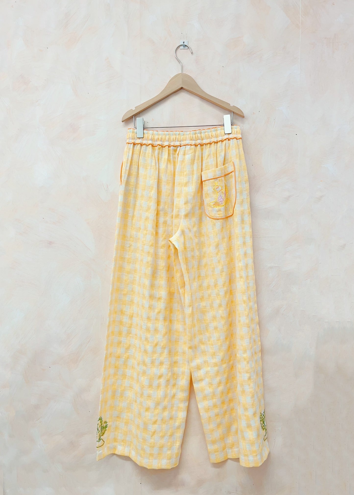Mila yellow gingham floral embroidered pants