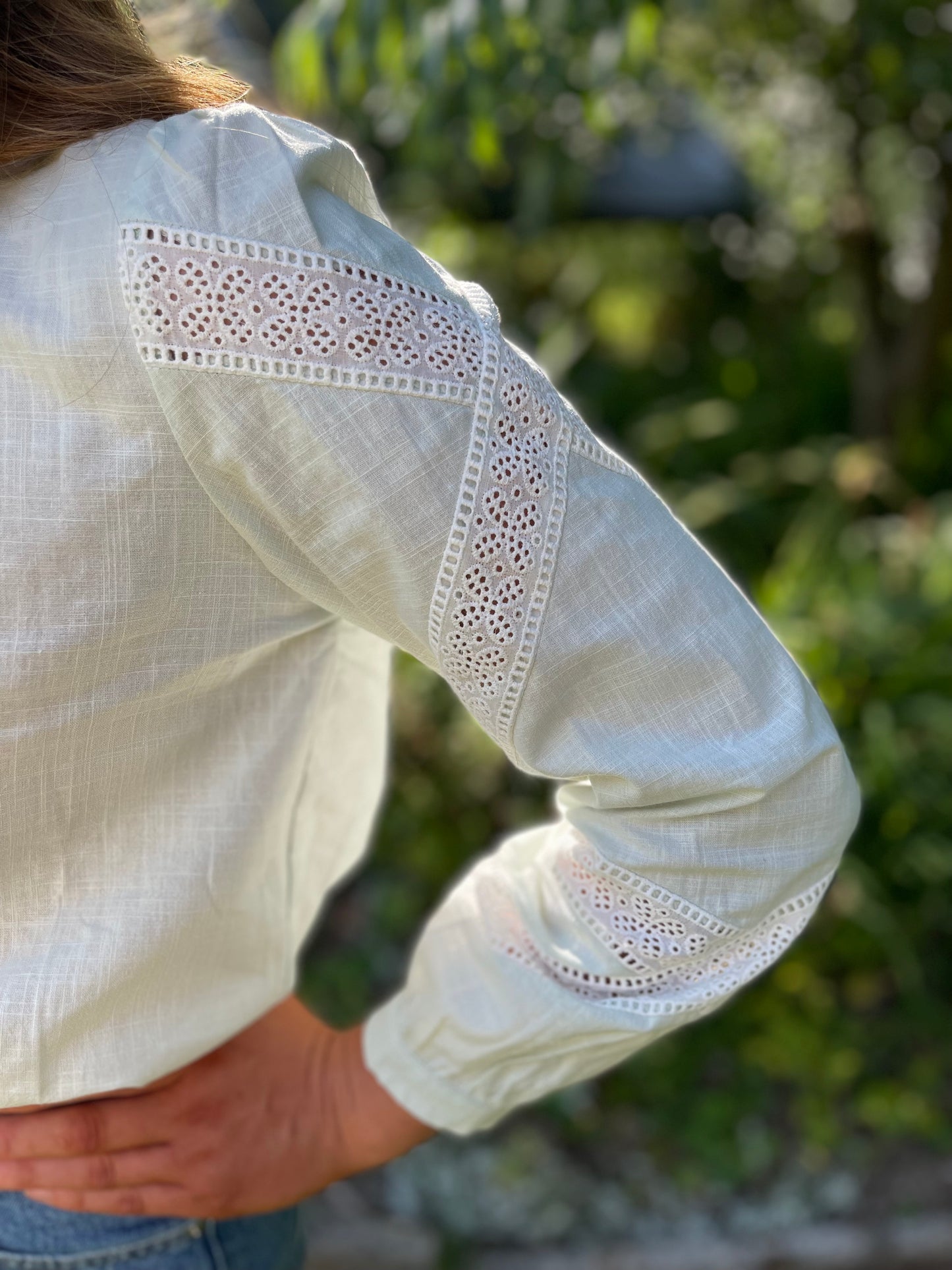 Mint linen embroidered lace blouse