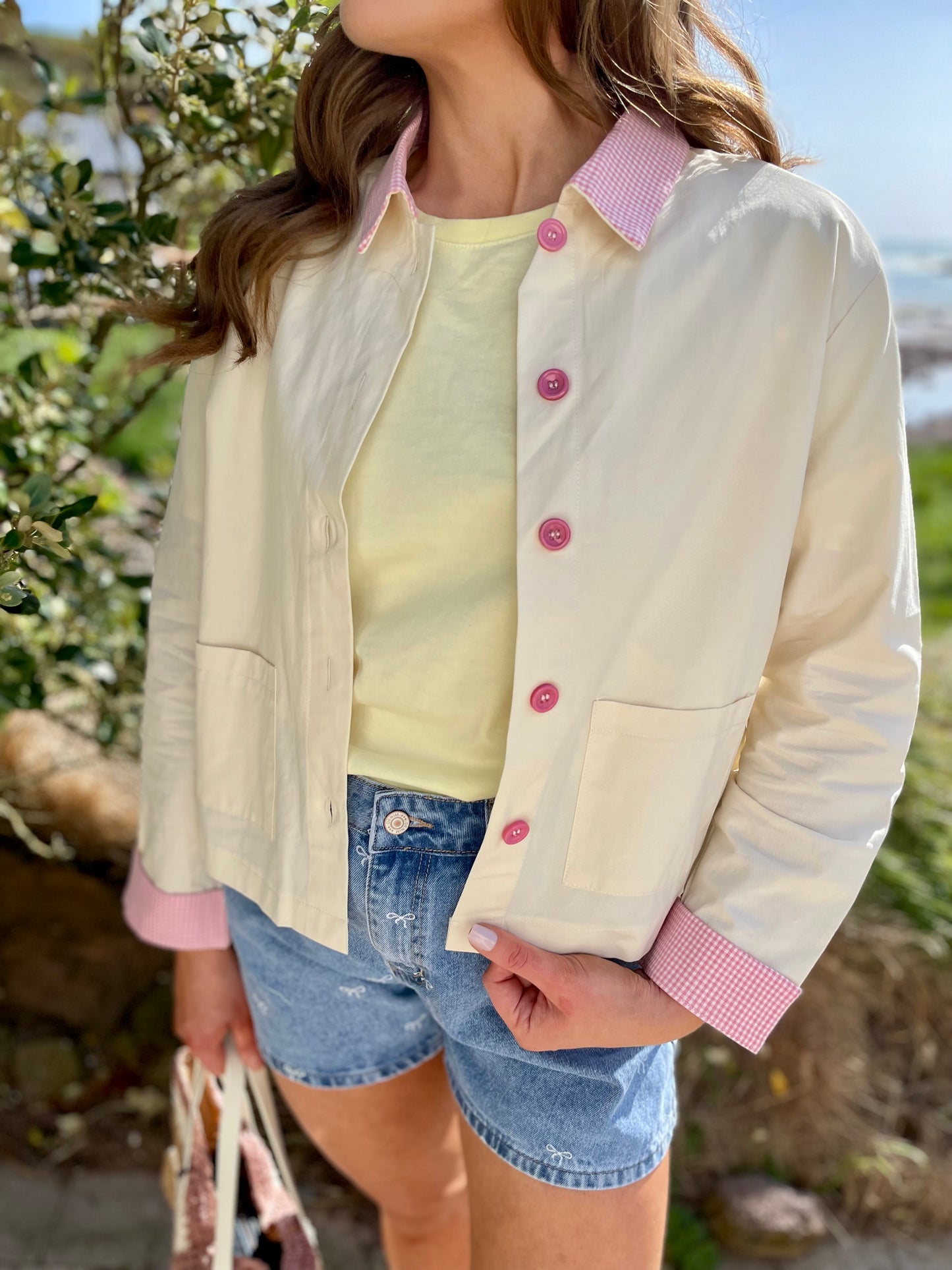 Alice ecru barn jacket with pink gingham