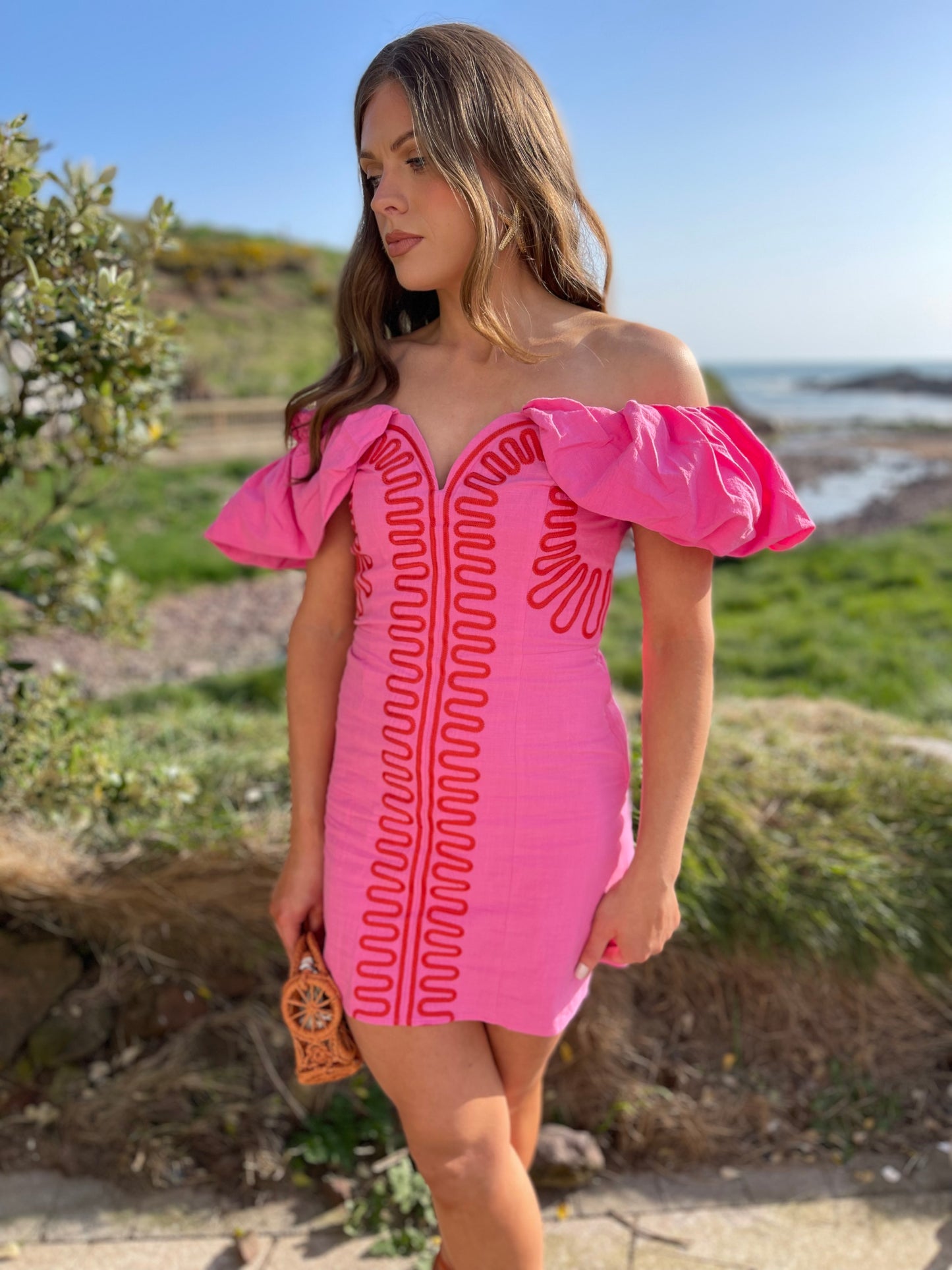 Red and pink off the shoulder mini dress
