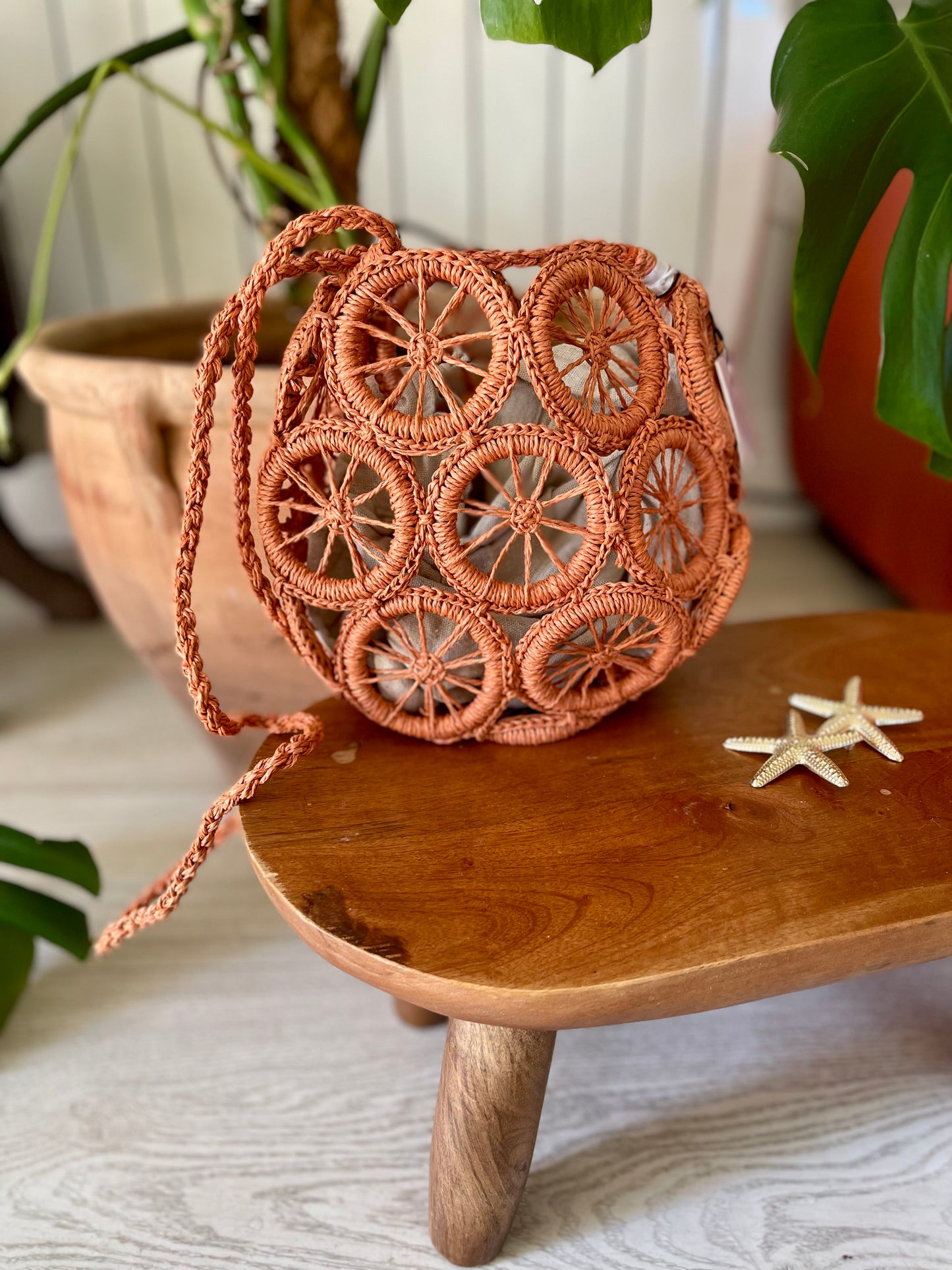 Orange rattan mini bag with strap