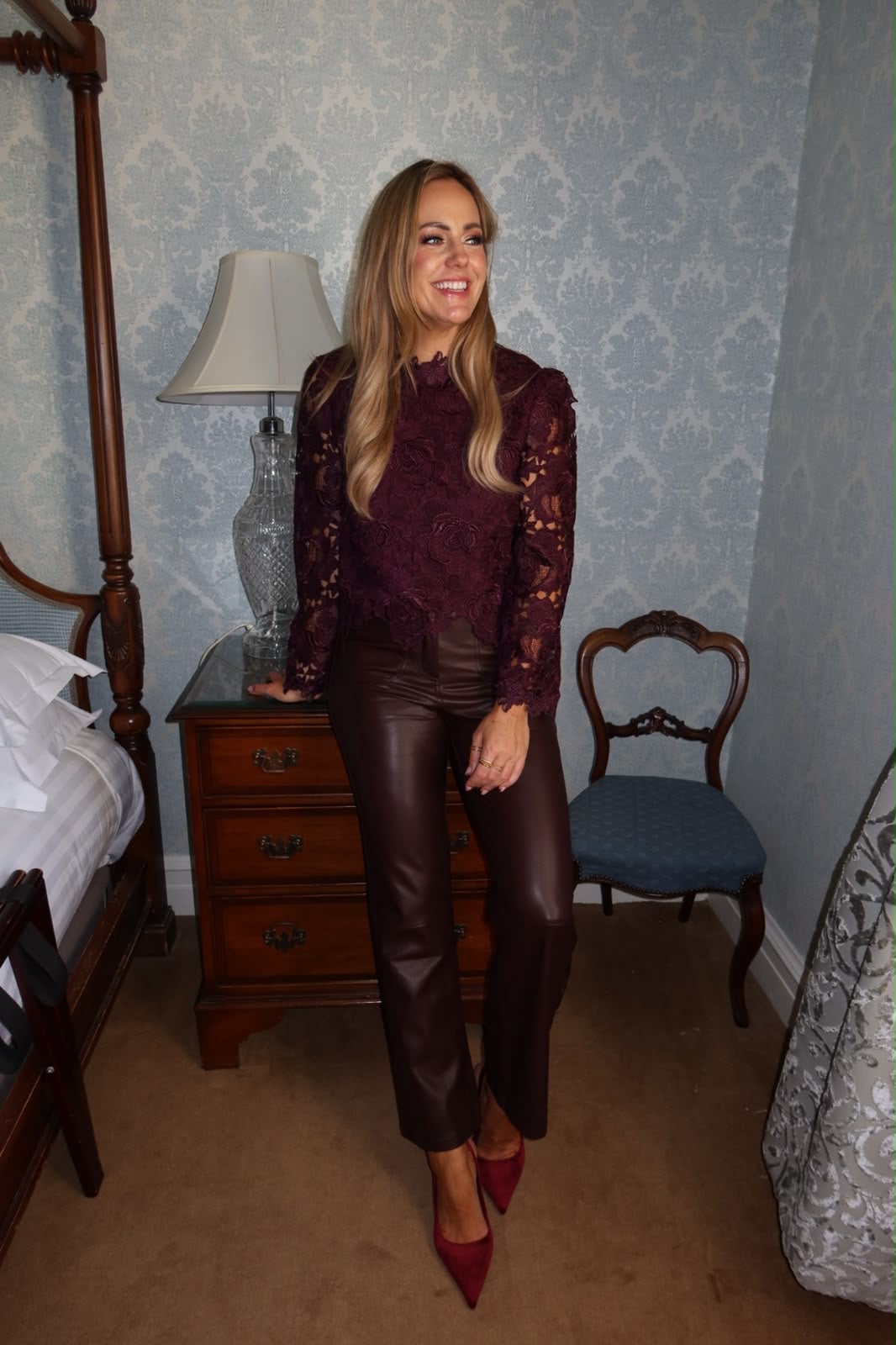 Andrea burgundy leather wide leg trousers