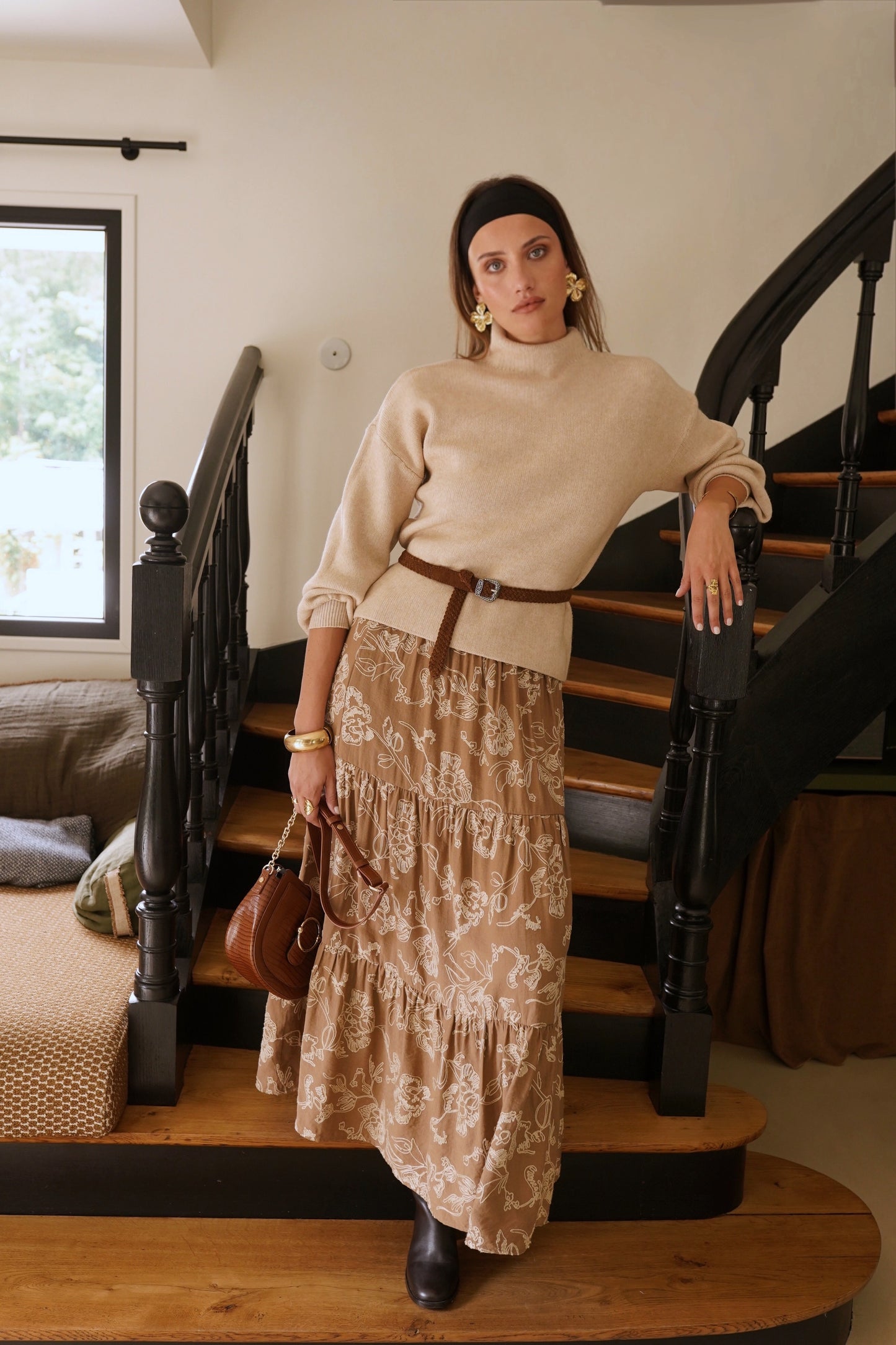 Hilda balloon sleeve coffee polo neck jumper
