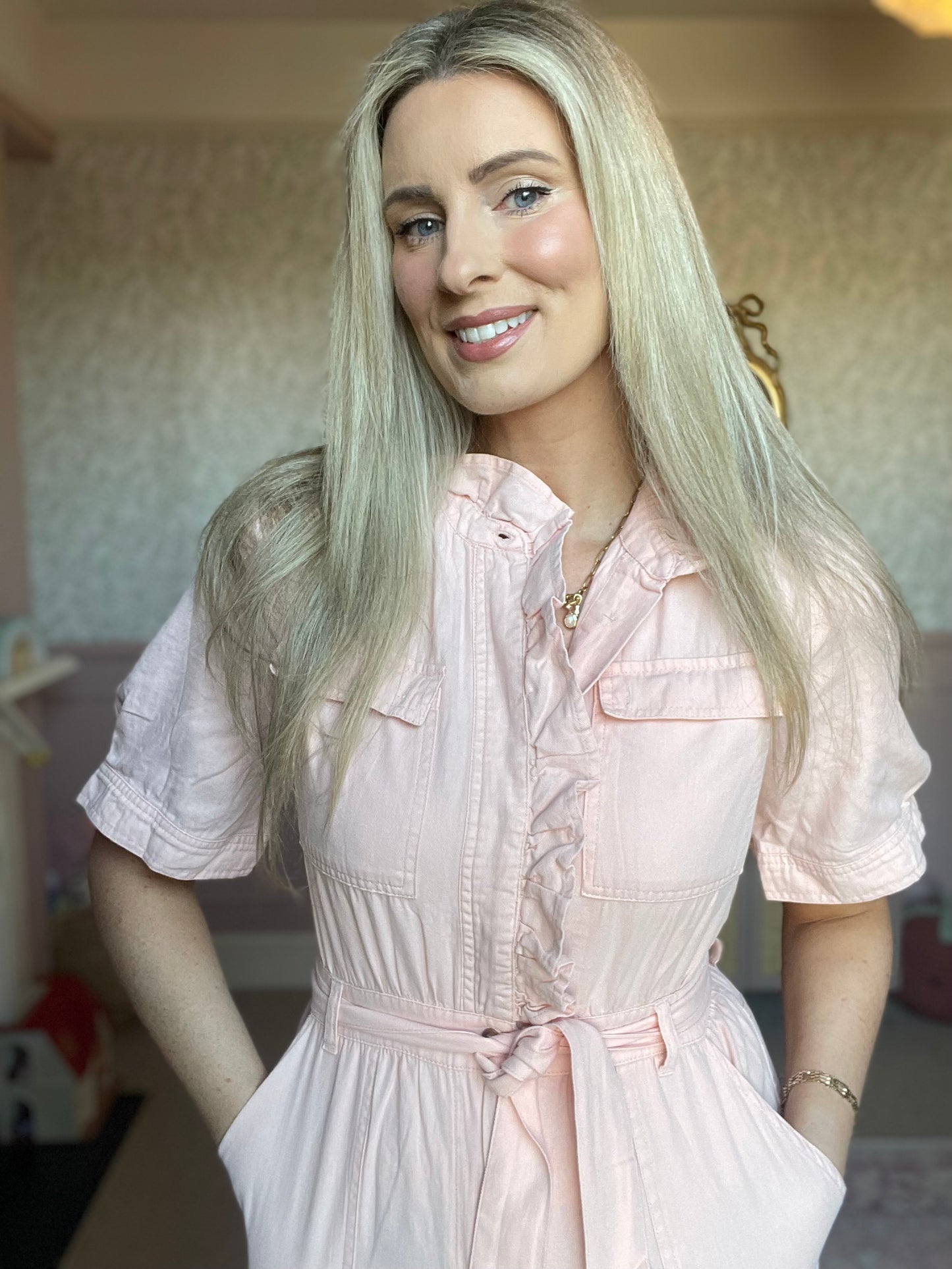 Thalia washed peachy pink denim jumpsuit