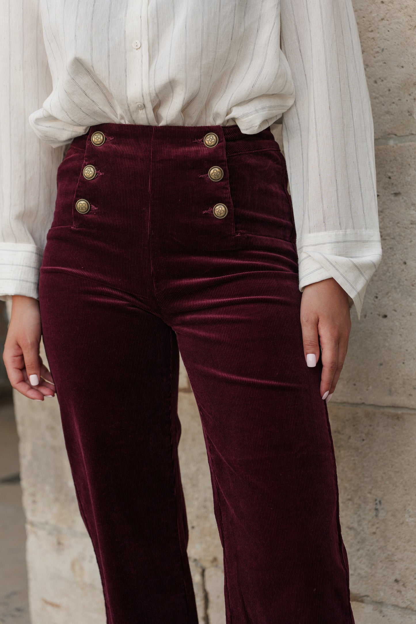 Victo Wide leg burgundy cords with gold front buttons
