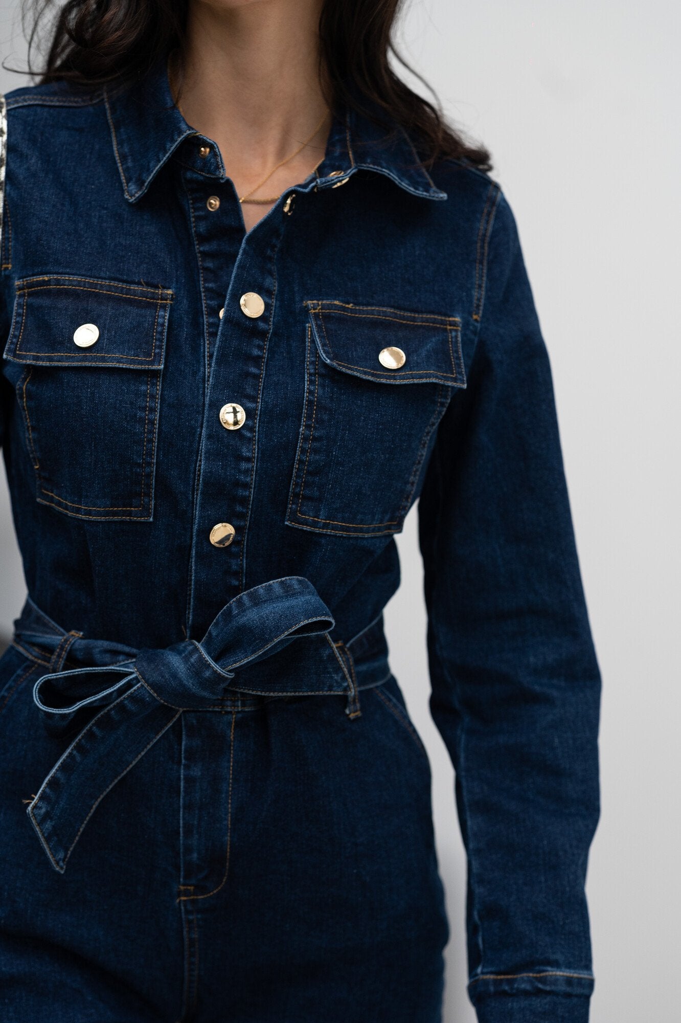 Sydney navy denim gold button jumpsuit